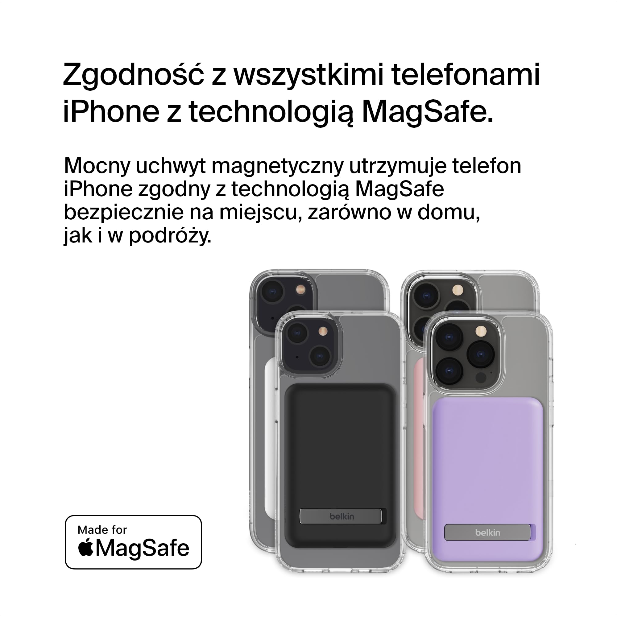 Belkin Bezprzewodowy magnetyczny powerbank 5000 mAh, przenośna ładowarka zgodna z MagSafe, ładowanie przelotowe, moc wyjściowa 7,5W, moc wejściowa 10W, podpórka, do iPhone’ów 17, 16, 15, 14, 13