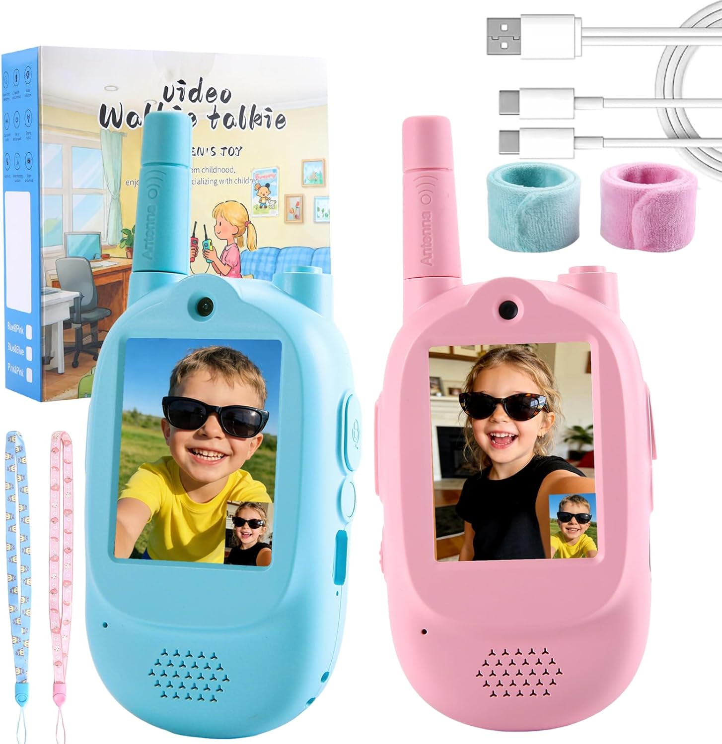 walkie talkies for Kids 2 Pack Rechargeable Mini Walkie Talkies for Kids 1600 ft Long Range Real-Time Video Chat Voice Changer Watch Strap Design, Boys & Girls 3-12, Blue & Pink