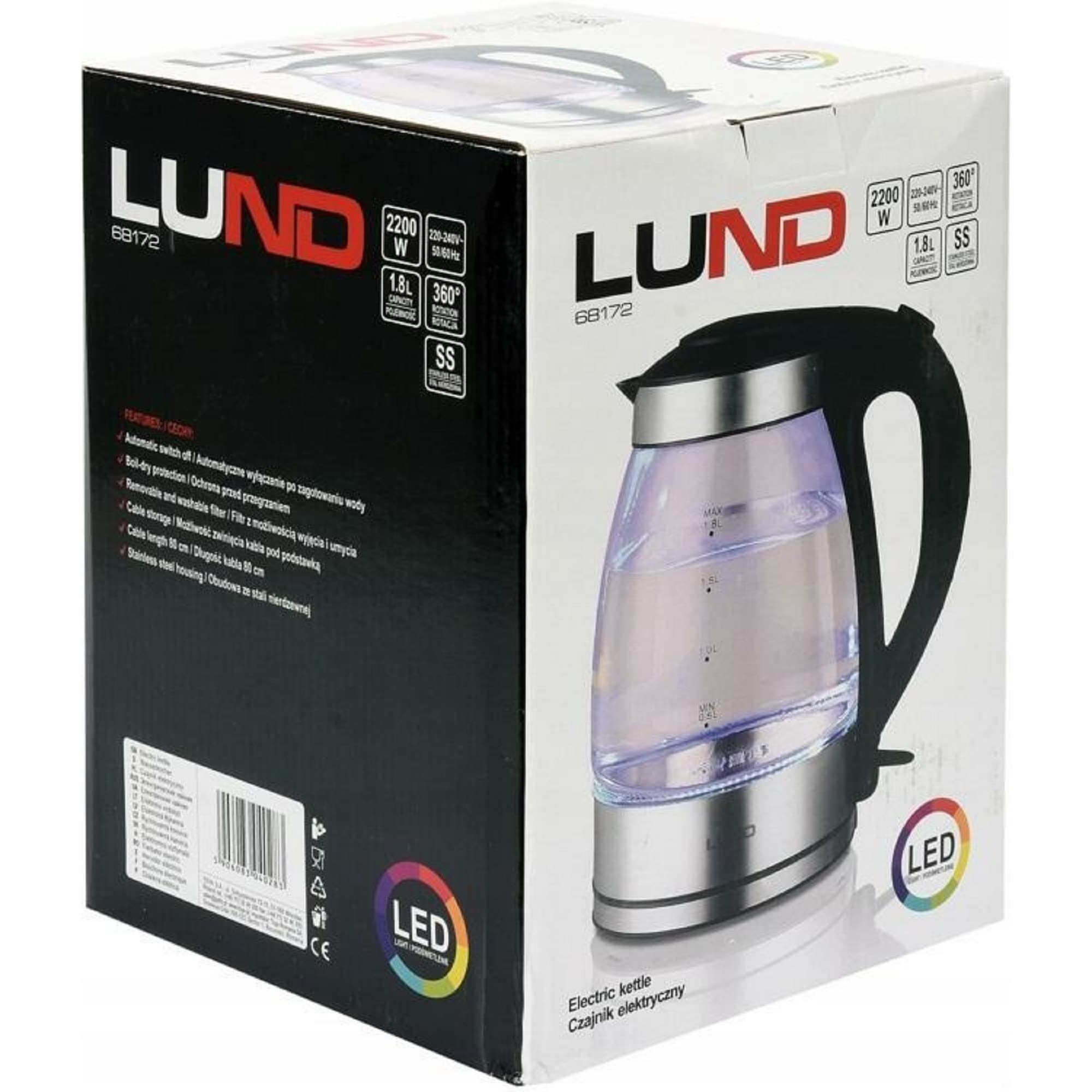 Lund bollitore in vetro con LED - Filtro - Sicurezza contro la cottura a secco - Acciaio inox - 1,8L - 2200W - 68172 - Argento/Nero