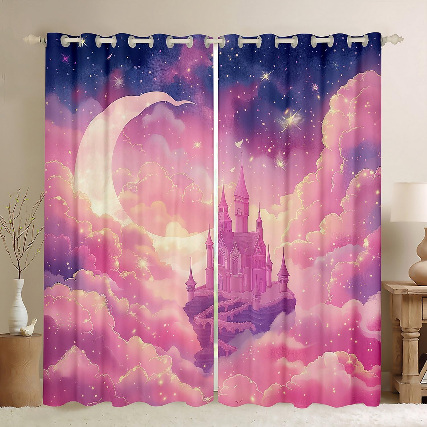 Cartoon Princess Castle Window Curtains Watercolor Pink Clouds Glitter Stars Window Drapes for Kids Girls Teens Starry Moon Dreamy Sky Curtains for Living Room 2 Panels 52Wx63L