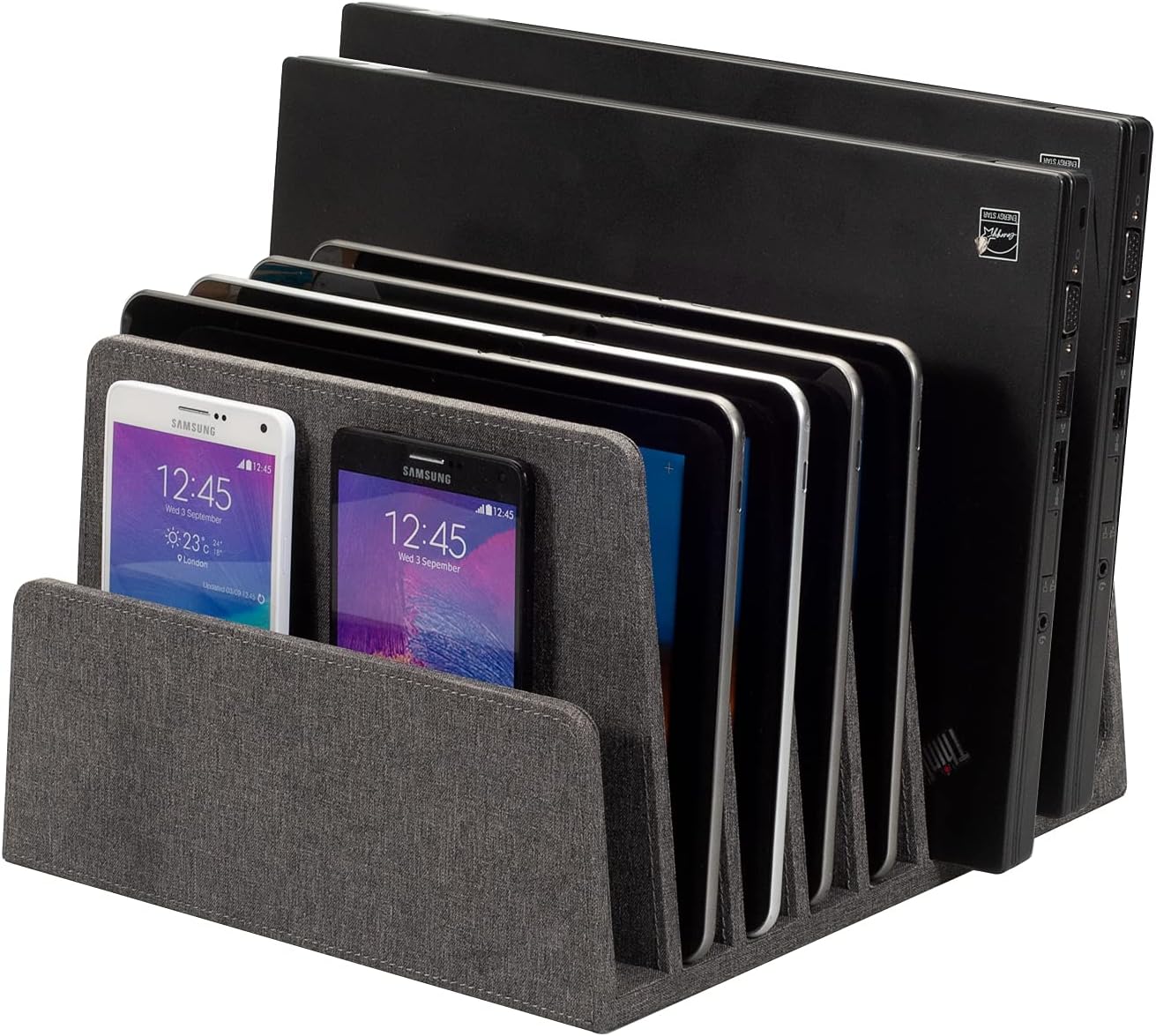 MobileVision Executive Dark Gray Device Organizer for Smartphones, Tablets and Laptops, 7 Slots with Extra Wide Slots for Laptops