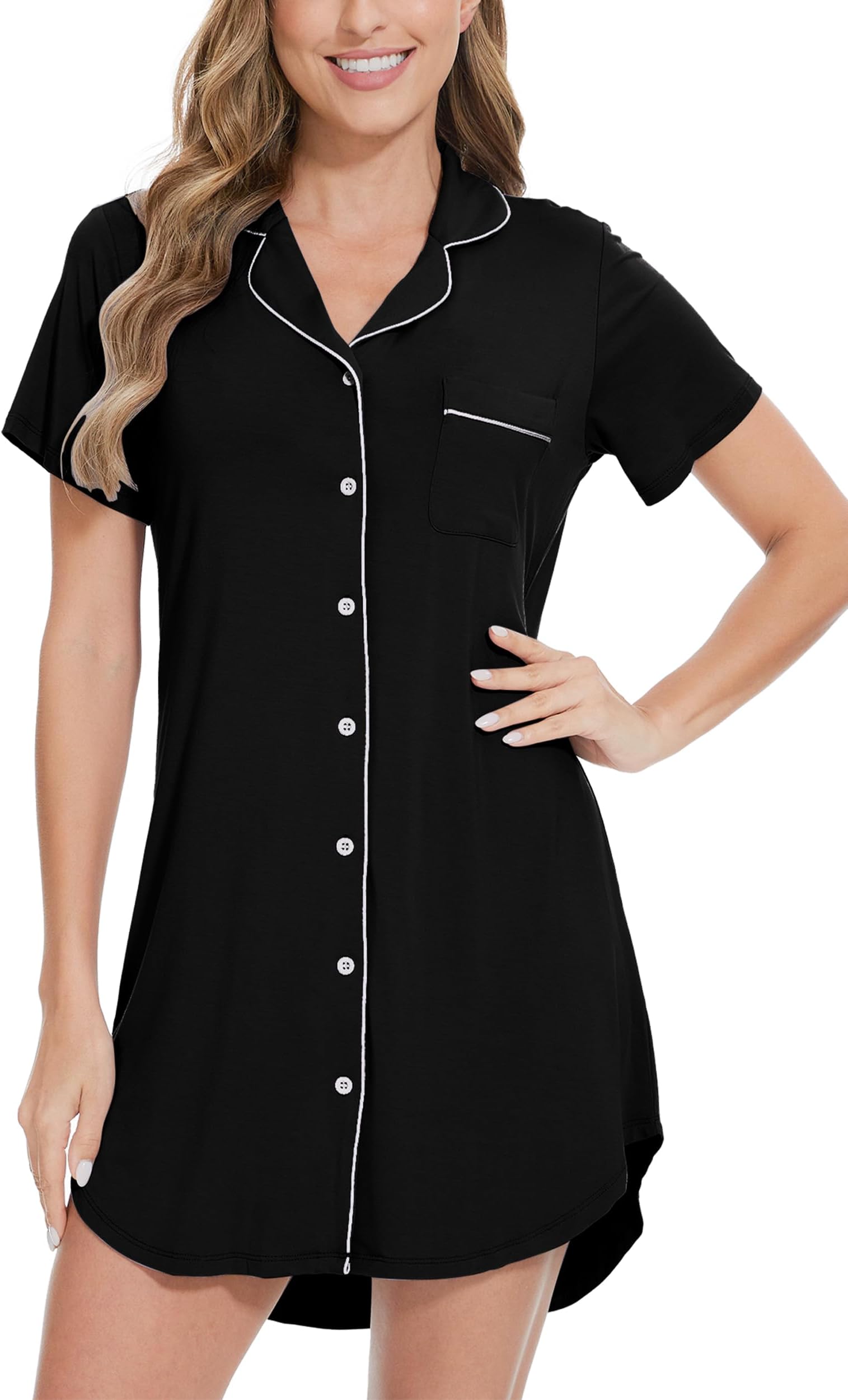 WiWiNightgowns for Women- Viscose from Bamboo Short Sleeve Pajama Gowns Button Down Nightshirts S-XXL