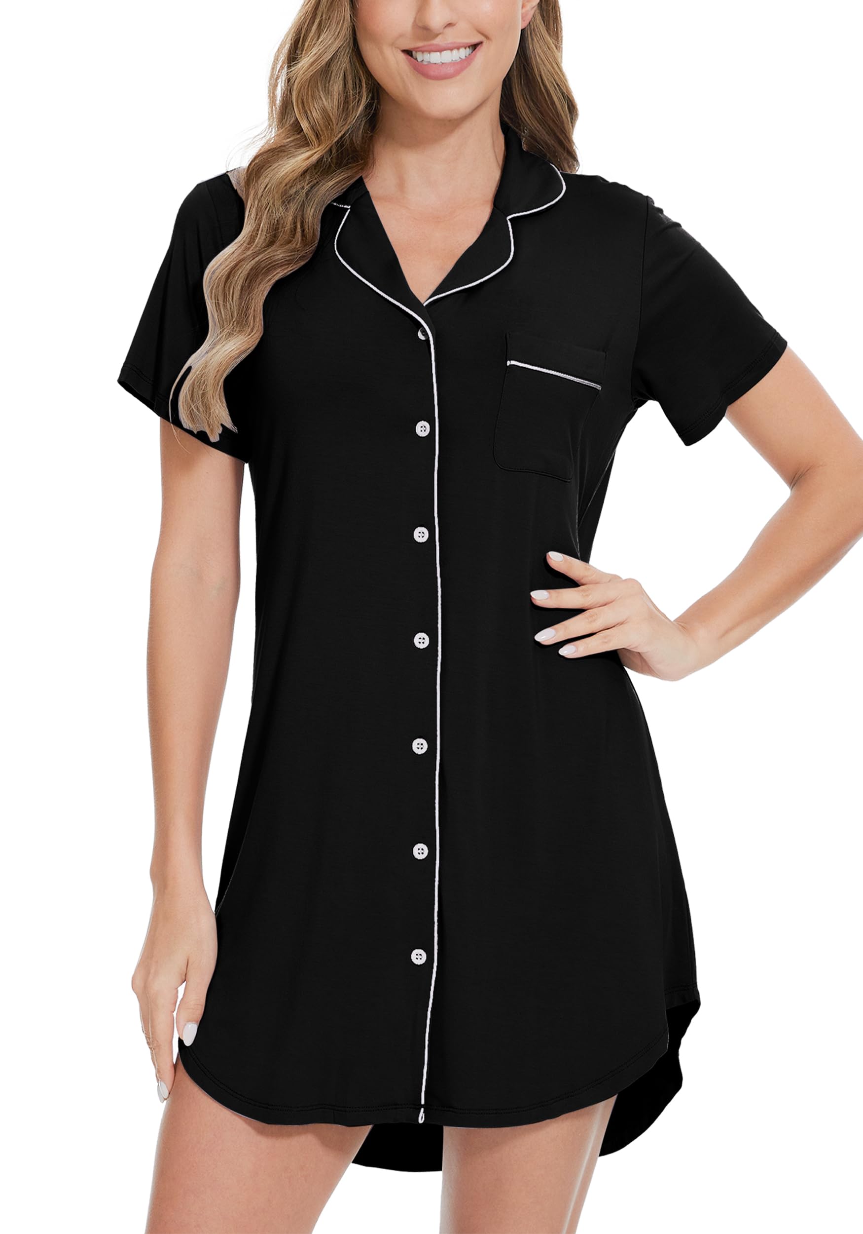 WiWiNightgowns for Women- Viscose from Bamboo Short Sleeve Pajama Gowns Button Down Nightshirts S-XXL