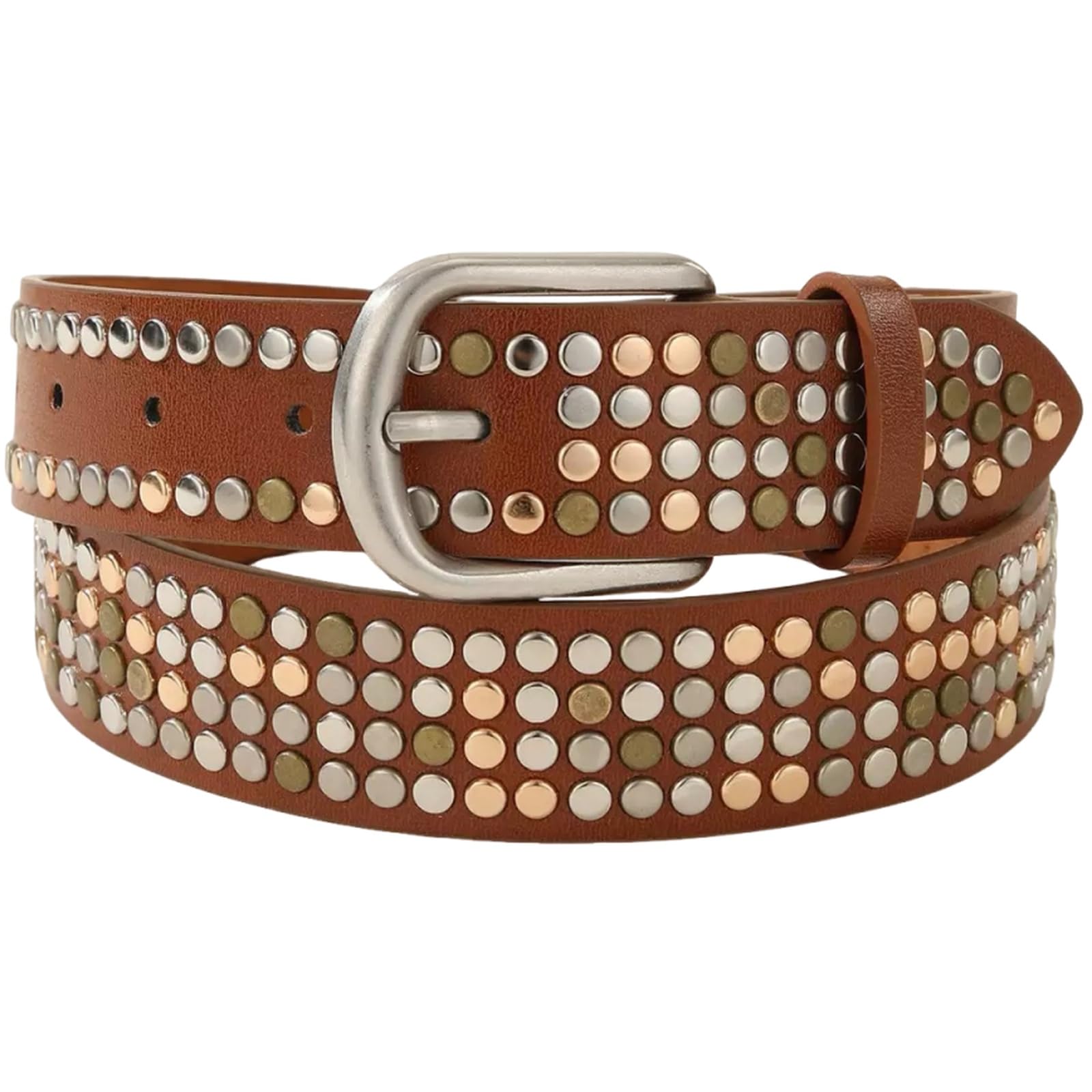 AGUTALITHIC Faux Leather Studded Belt with Prong Buckle Vintage Unisex Punk Irregular Metal Rivet Strap for Jeans Pants Dress(120cm/47, Brown)