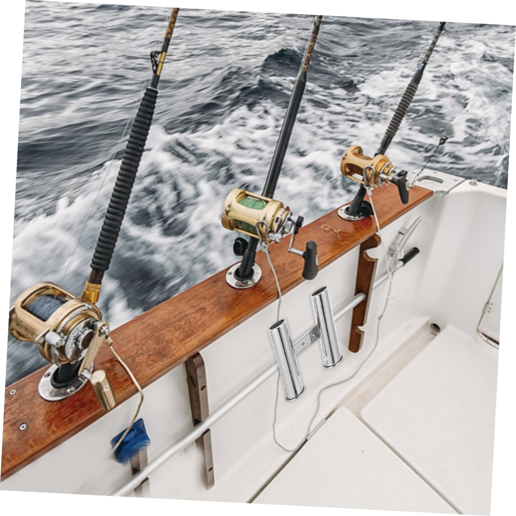 VALICLUD Supporto per Canne da Pesca Doppio in Acciaio Inossidabile Resistente alla Corrosione con Drenaggio per Pesca Sportiva Muro Montato Argento
