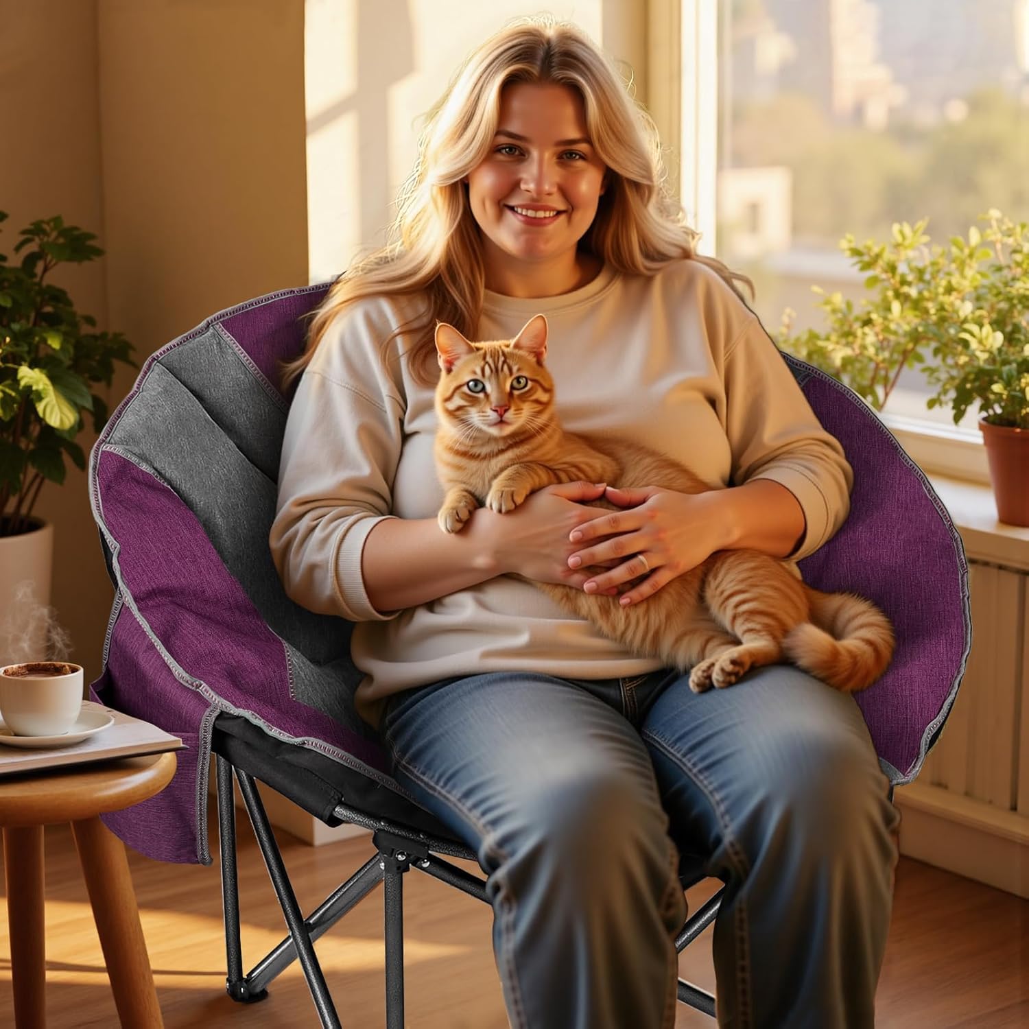 Northroad XXL Camping Moon Chair,Oversized Round Chair,Folding Padded Saucer w/Side Pocket,500lbs Capacity for Outdoor Hiking Fishing Picnic Lawn,Purple&Grey