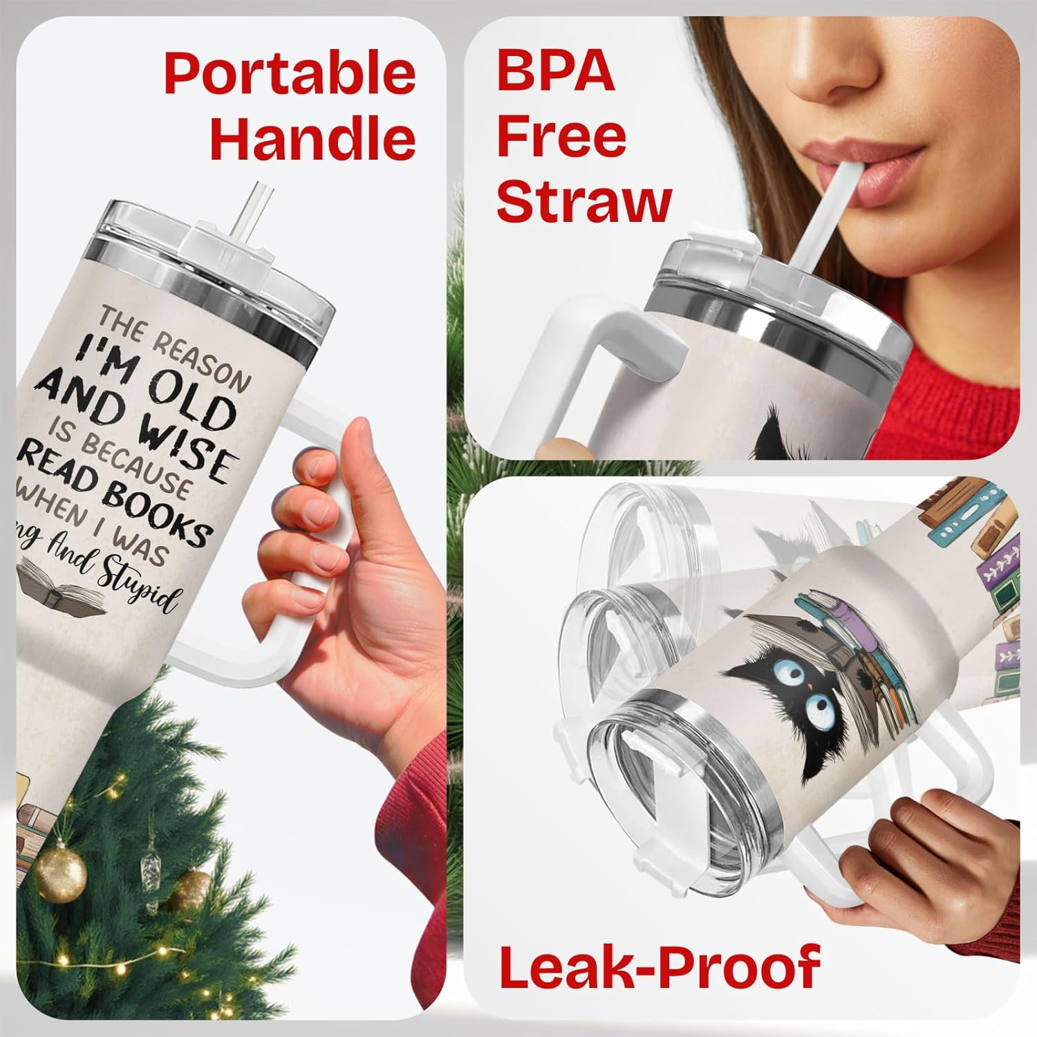 34HD Cat Book Tumbler 40oz with Handle Lid and Straw, Funny Once Upon a Time Girl Loves Bookish Items Vacuum Insulated Travel Mug, Birthday & Mother's Day Gifts for Pet Lovers & Him Her - Image 6