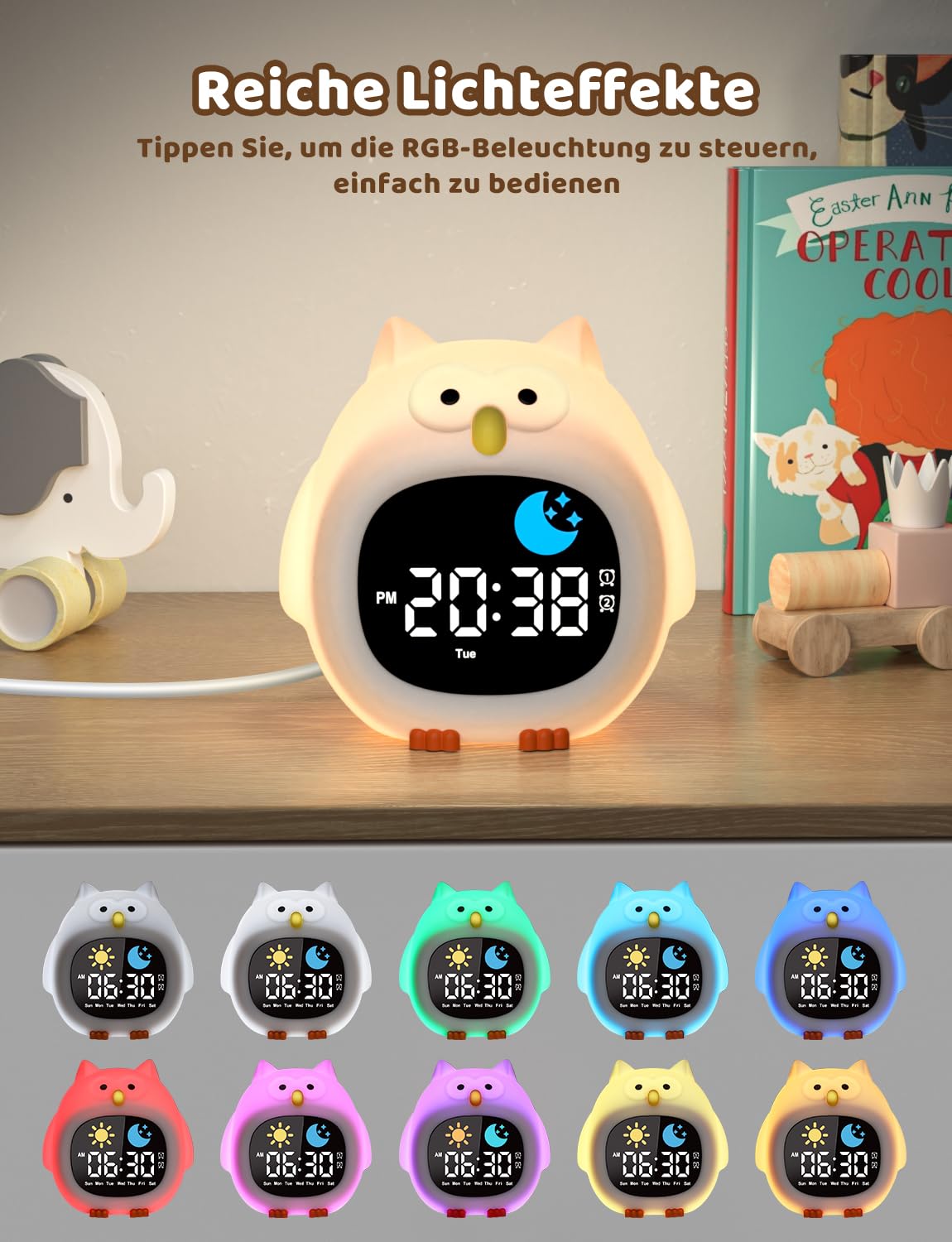 Yissvic wecker Kinder für Schulanfänger Jungen Kinderwecker mit RGB Nachtlicht Lernwecker 2 Alarme Wochenend-Modus Snooze 10 White Noise Eule Stil