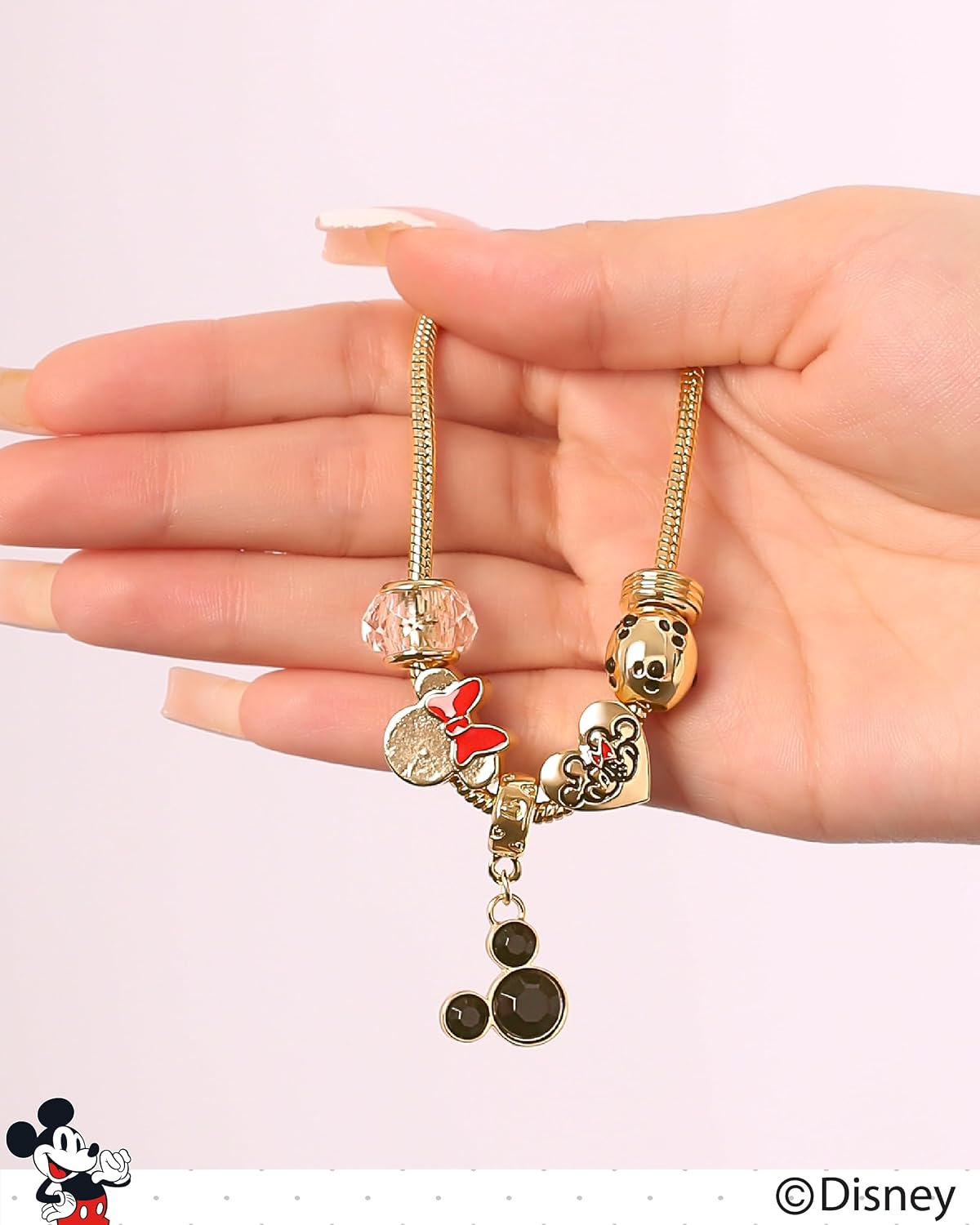 SALLY ROSE Charm Bracelets for Women, 7" Charm Bracelet with 6 Charms Featuring Stitch, Mickey and Minnie Mouse, Official License