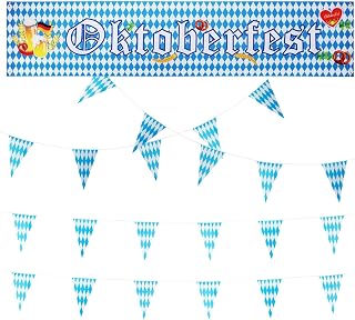 32 Feet Oktoberfest Bavarian Flag, Oktoberfest Fence Banner for German October Fest Themed Party Decoration Blue Bavarian Flag Check Hanging Banners(Blue,Size:32ft)