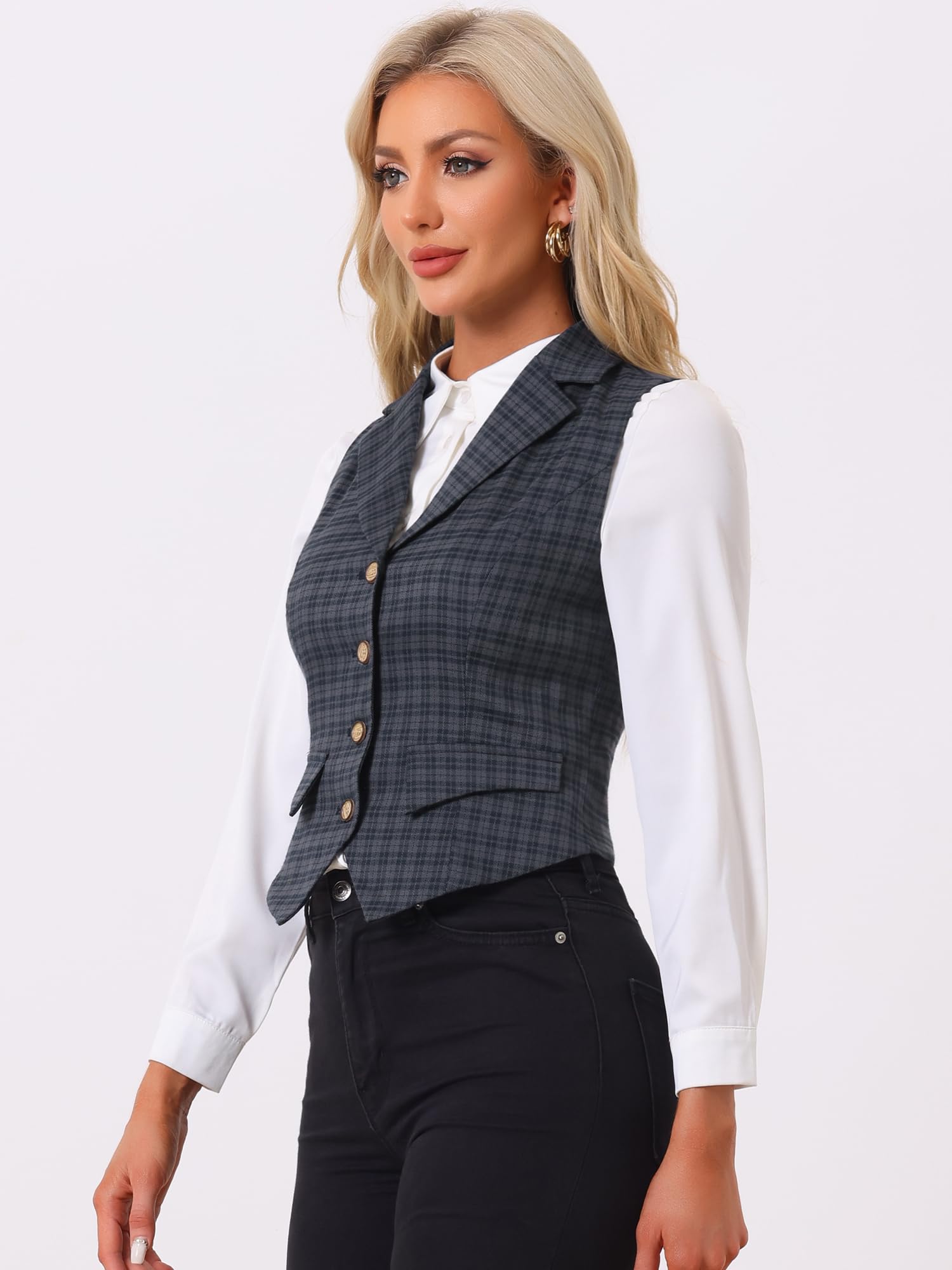 Allegra K Chaleco a Cuadros para Mujer, Cuello de Solapa con Muescas, Blazer sin Mangas Vintage de Botonadura Sencilla