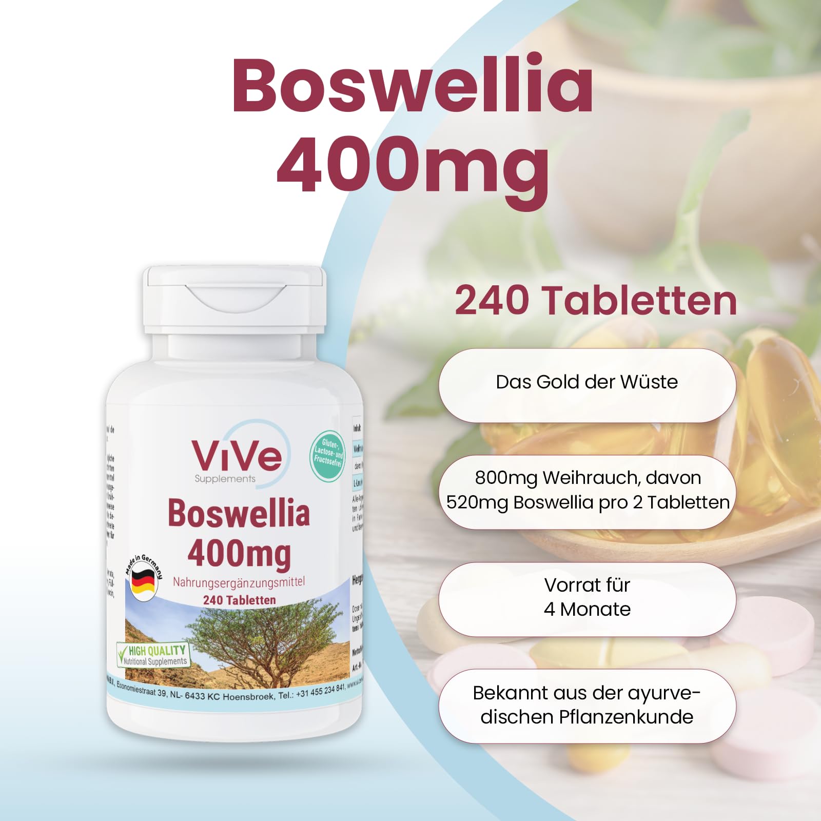 Weihrauch 400mg Tabletten - 240 Tabletten - Boswellia serrata - Hochdosiert - Vegan | Qualität aus Deutschland von ViVe Supplements
