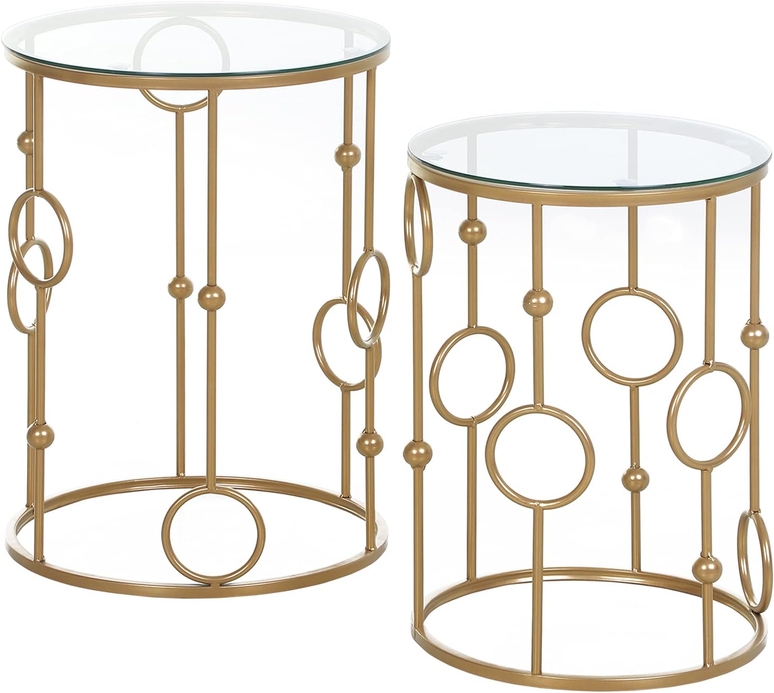 HOMCOM Round Coffee Table Set of 2, Nesting Side End Tables with Tempered Glass Top and Steel Frame for Living Room, Gold Tone