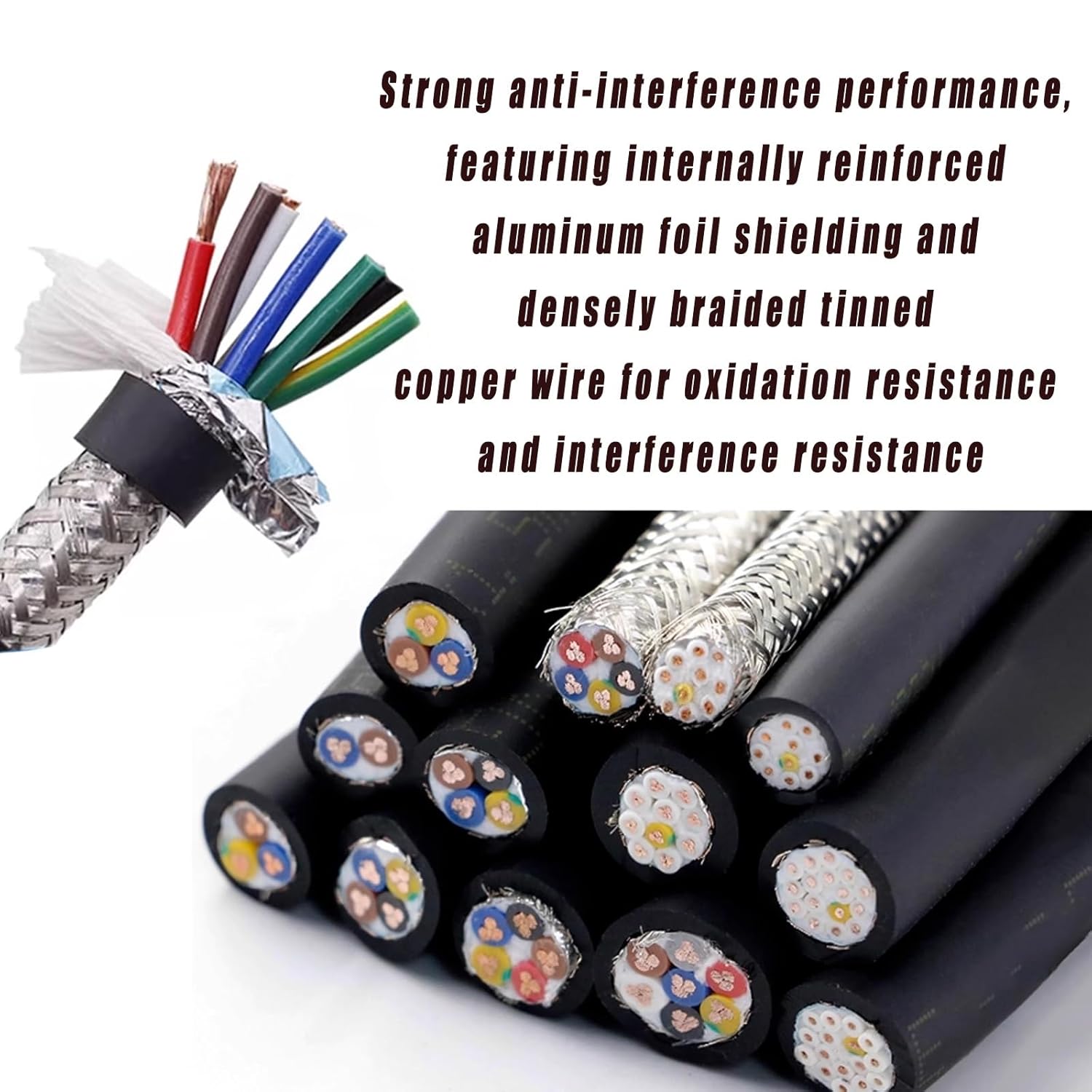 1.0mm² - 2.5mm² High Flex Drag Chain Cable, Shielded Signal Wire – Ultra-Fine Oxygen-Free Copper, PVC Insulated,Anti-Bending – for CNC Machines, 3D Printers,Automation Equipment(100ft,1.00mm²-7C)