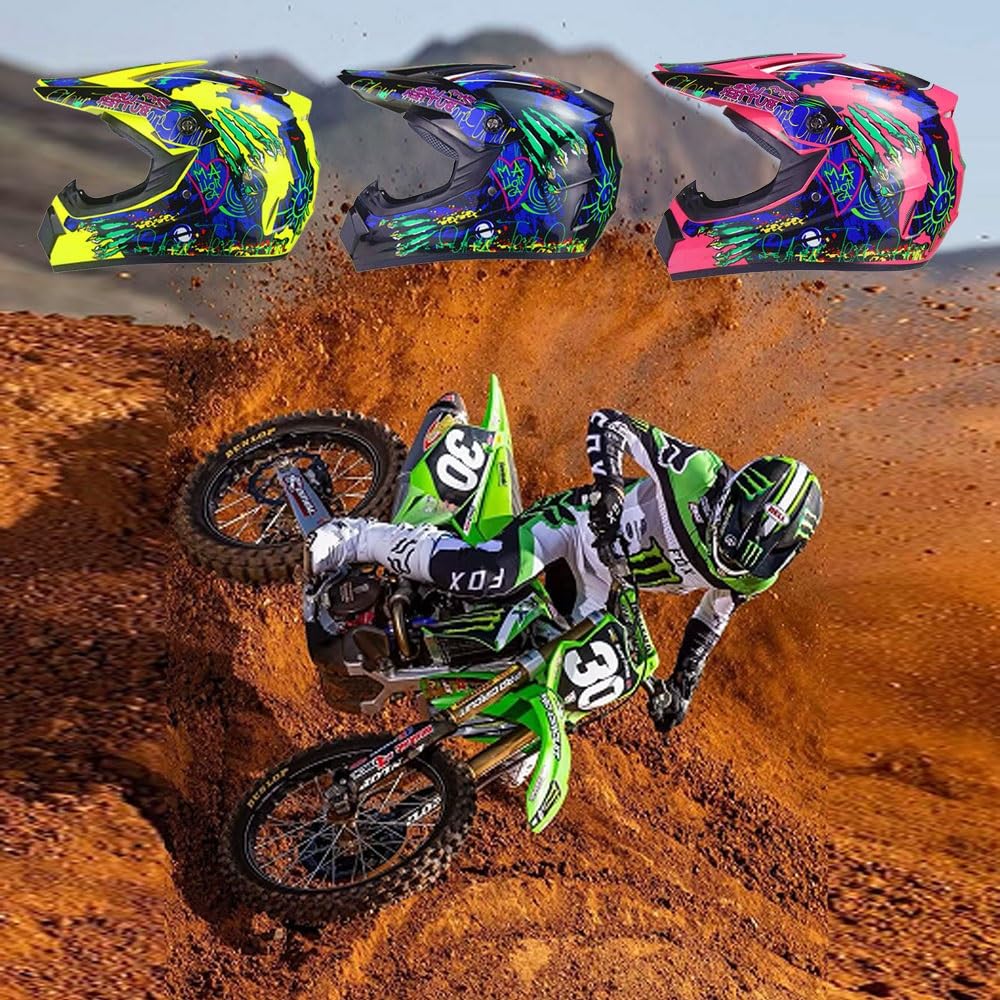 Casco Per ATV Per Bambini Omologato DOT con Visiera, Per Moto da Cross Elettrica Per Bambini Dagli 8 Ai 14 Anni, Casco Per Moto da Cross Per Ragazzi con Occhiali, Guanti E Maschera