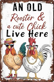 An Old Rooster & A Chick Live Here Cute Chicken Metal Sign 12"x8" Grade Reflective Sheeting Rust Free Aluminum Easy to Mount Pre-Drilled Holes Decor for Farm Farmhouse Garden Home Kitchen Wall