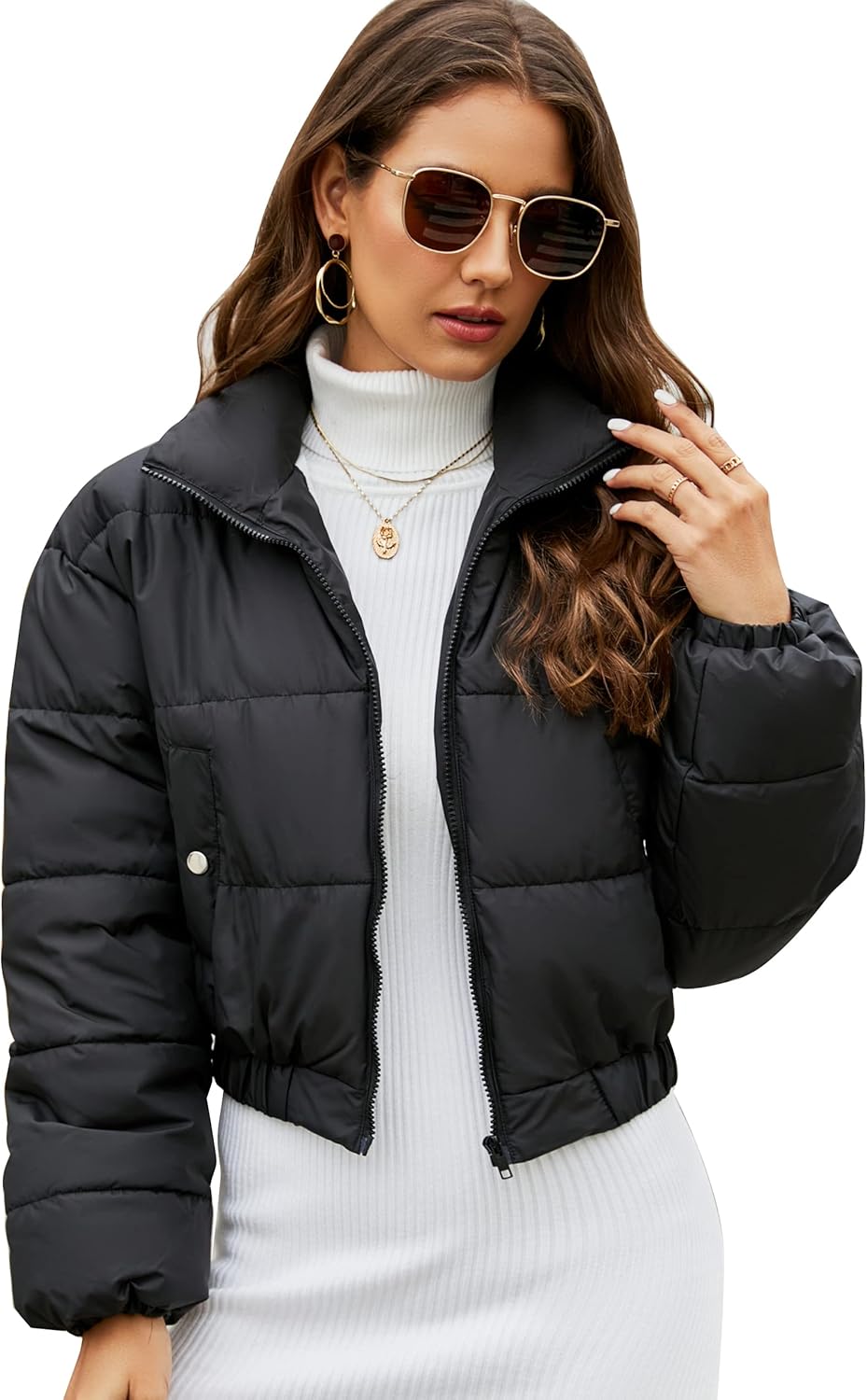 Flygo Cropped Puffer Jacket Women 2025 Winter Warm Zip Up Padded Short Quilted Jackets Down Coat - Image 2