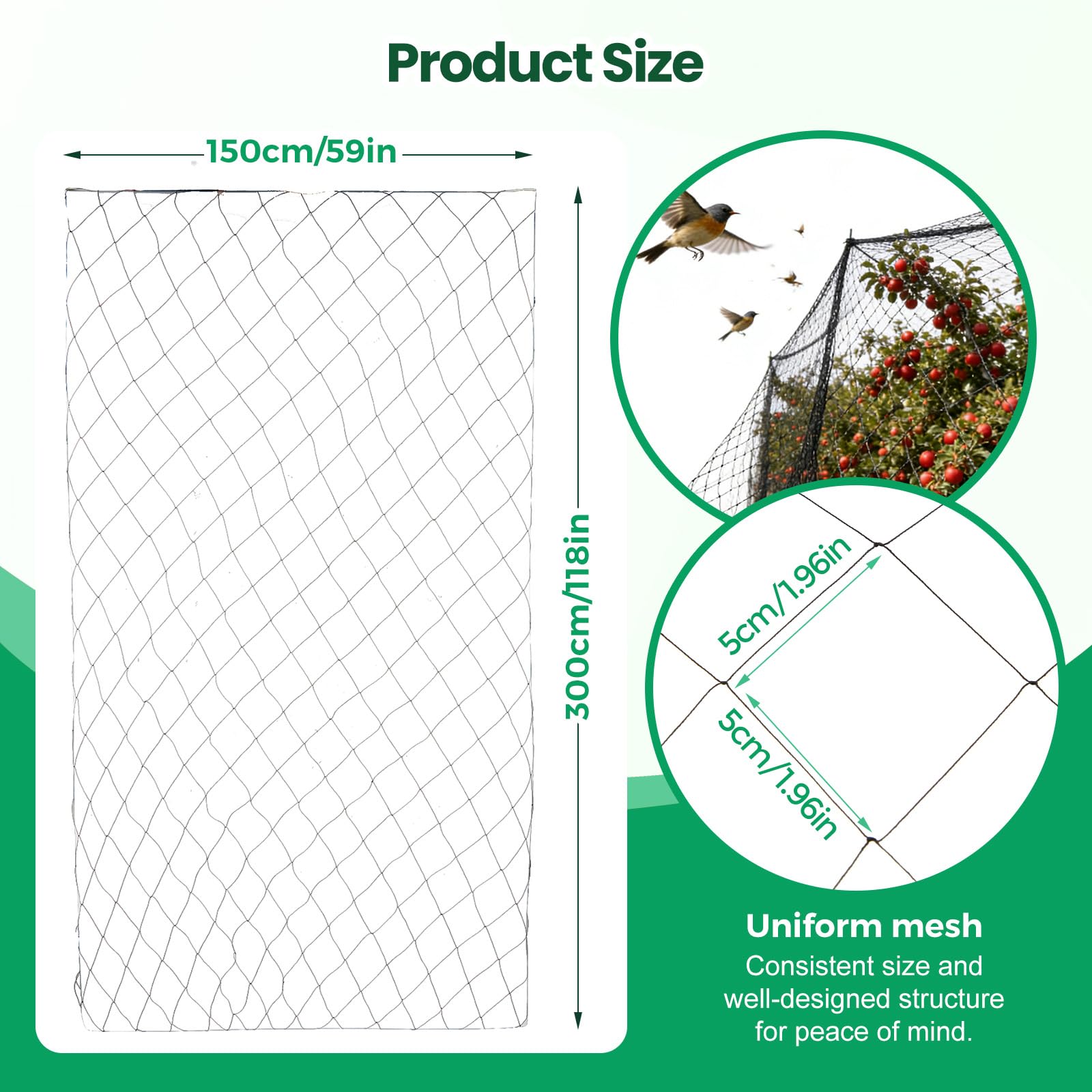 30x15m Rete Anti Uccelli, Rete Anti Piccioni, Maglia 5x5cm Reti Antiuccelli da Frutto, Protezione per Orto e Giardino, Antigrandine Riutilizzabile, Resistente ai Raggi UV, per Balcone, Pollaio
