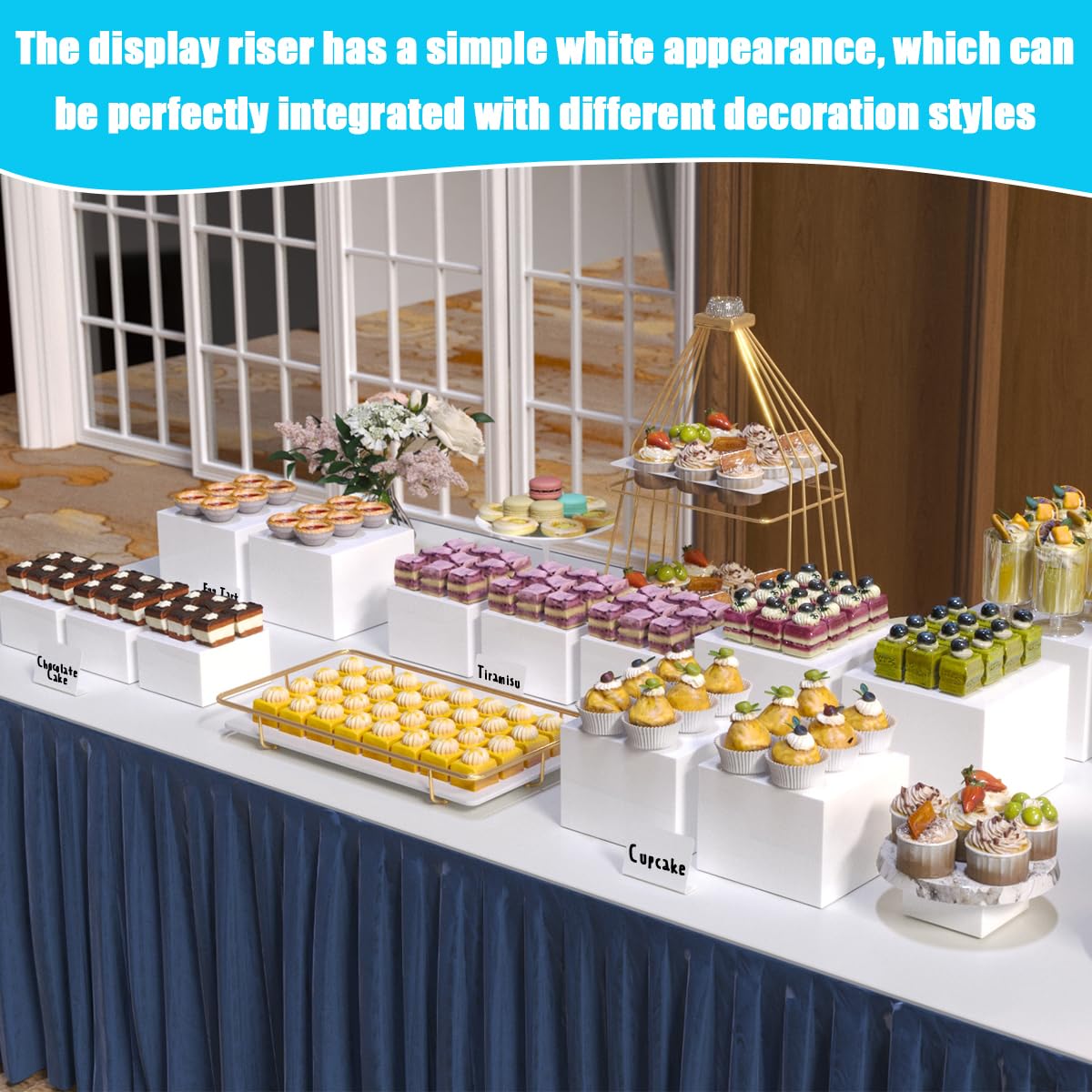 6 rialzi per buffet, 3 x 4 x 5 x 6 x 7 x 8 pollici, in acrilico, colore bianco, con 6 mini targhette a buffet, cubo per dessert da tavolo con ripiani vuoti, supporto impilabile
