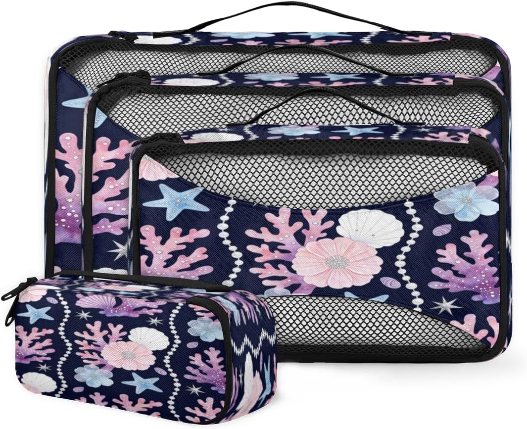 Purple Ocean Coral Theme Travel packaging box 4 sets - 4 sizes of durable luggage storage boxes,comprehensive packaging boxes for toiletries,underwear,shoes,and travel essentials