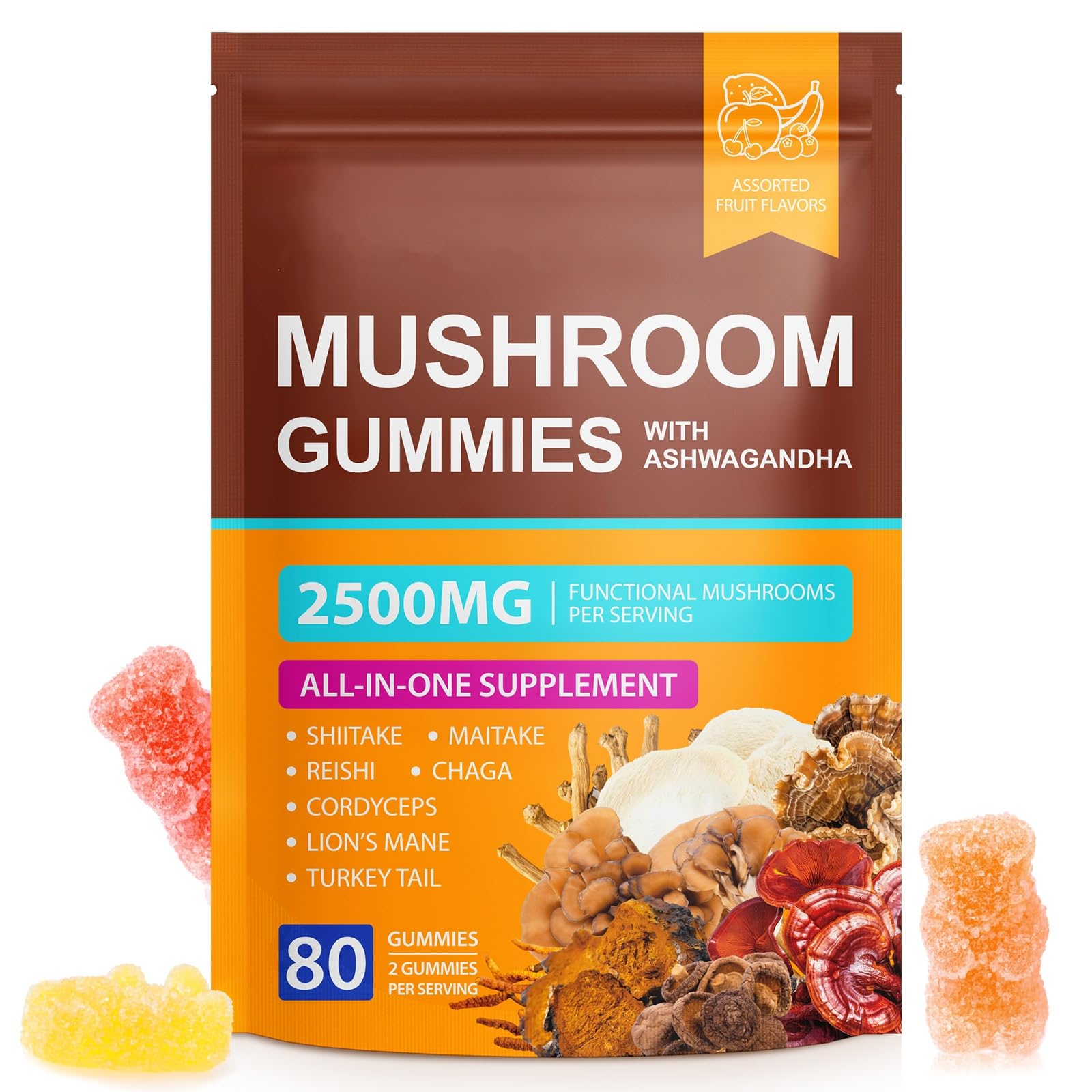 Beyxdu Suplemento de Cogumelos em Gomas com Ashwagandha 2500 mg, 80 gomas