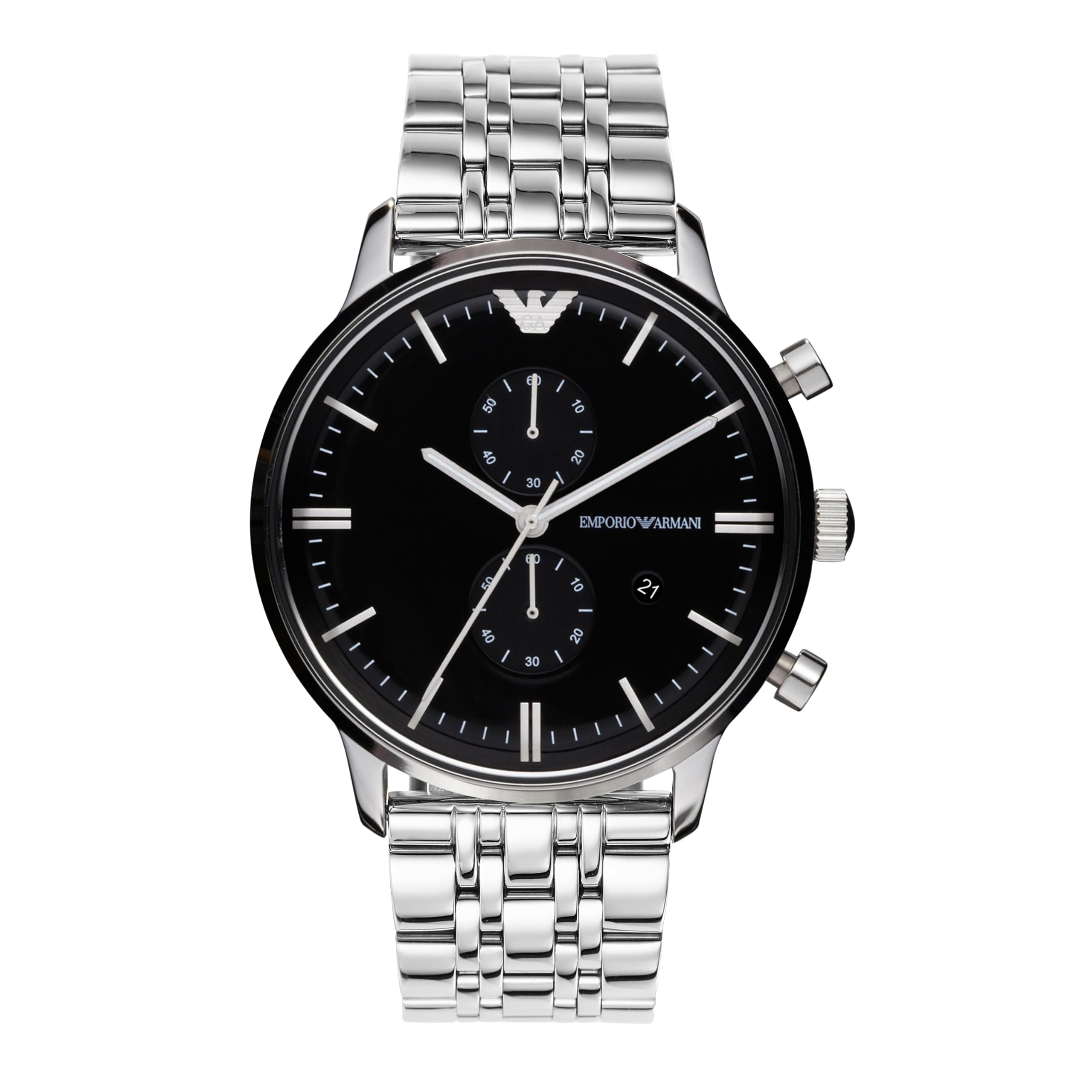 Emporio Armani Herrenuhr, Quarz-Zweizeiger-Chronographenwerk und 43mm Gehäusegröße mit Edelstahlarmband