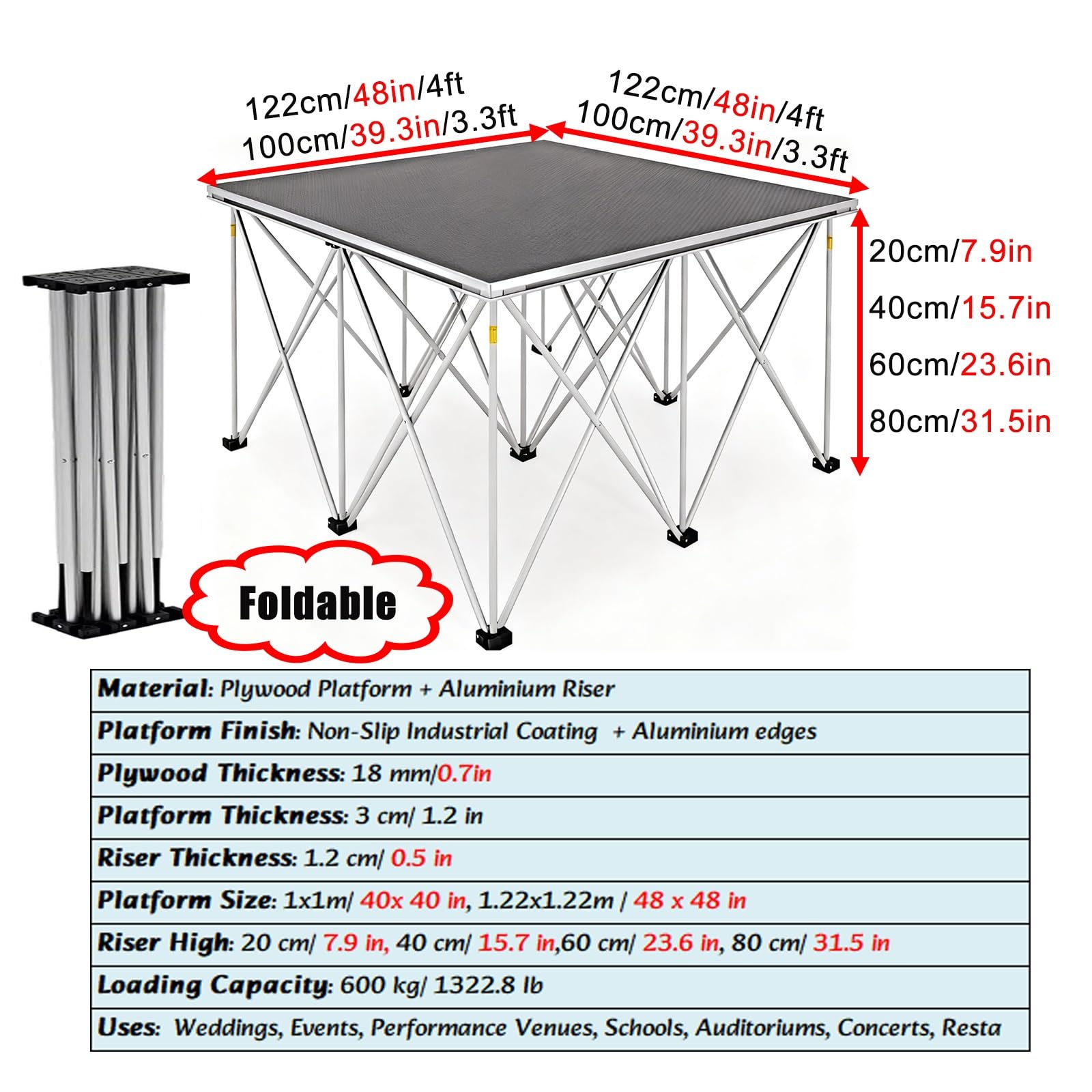 Tragbares Bühnenpodest tragbare Bühne Set aus 2 klappbaren tragbaren Bühnenplattformen mit umlaufendem Stoff, 3x3' 4x4 modulare zusammenbaubare Bühnenpodeste(LxW 3.3x3.3ft/1x1m,H 15.7in/40cm)