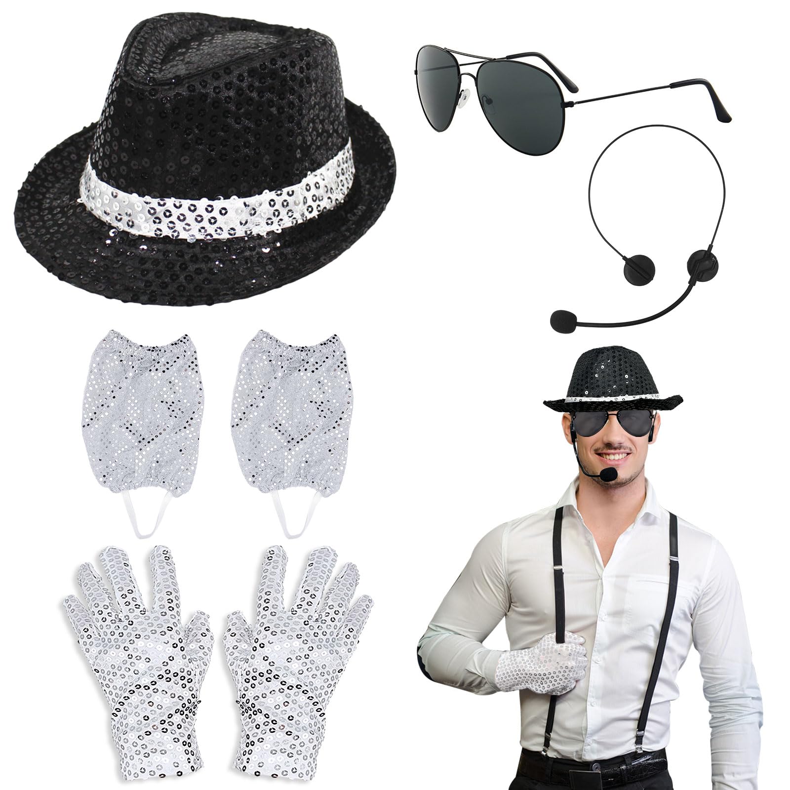 TUONYIS 7 Pcs Jazz Dance Costume Accessories, Sequins Gloves Sequin Hat Head Microphone Sunglasses Sequin Sock
