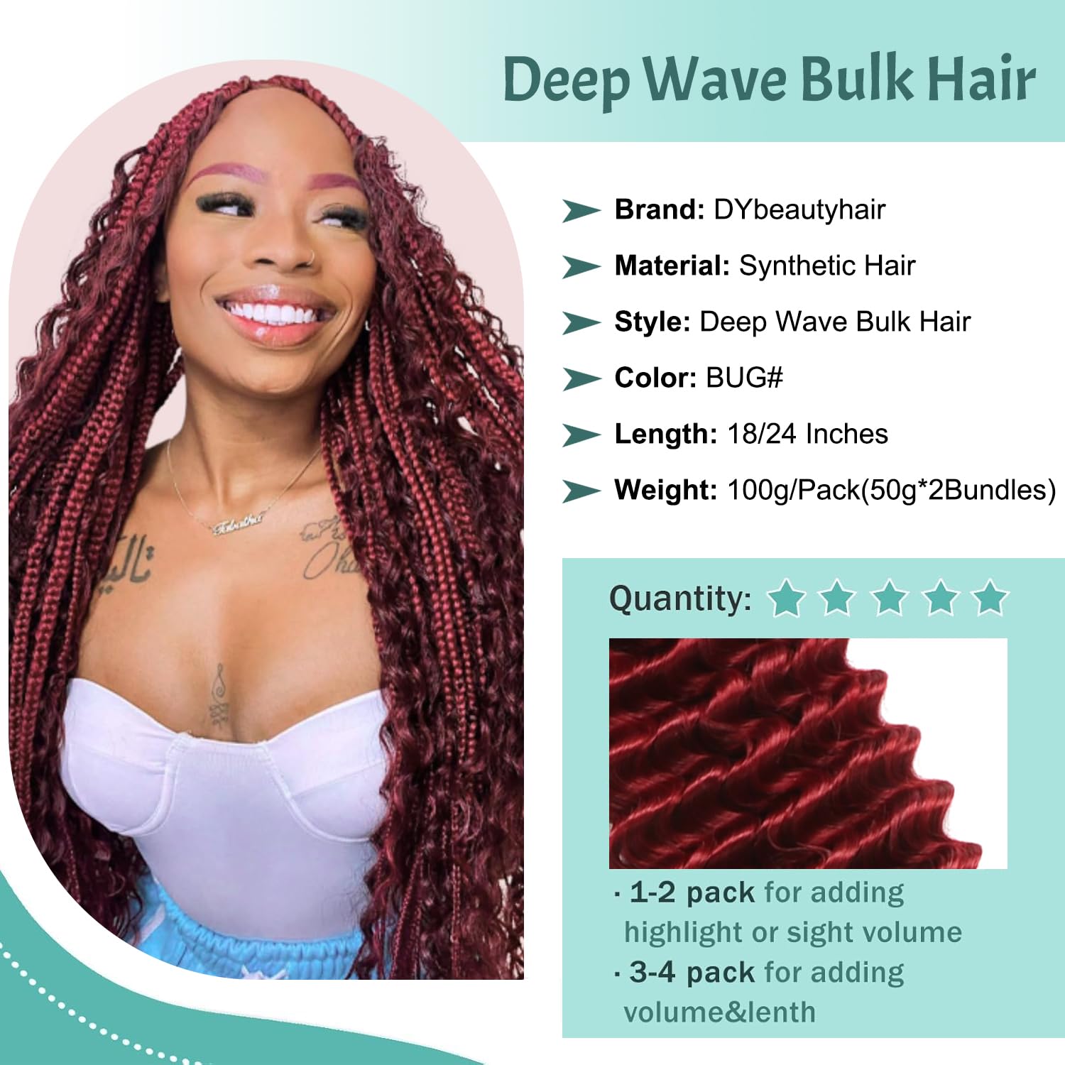 24 Inch Boho Braids for Braiding 100g Deep Wave Bulk Hair for Braids Curly Braiding 2 Bundles No Weft Wet and Wavy Deep Twist Crochet Hair For Women (BUG# - Image 2