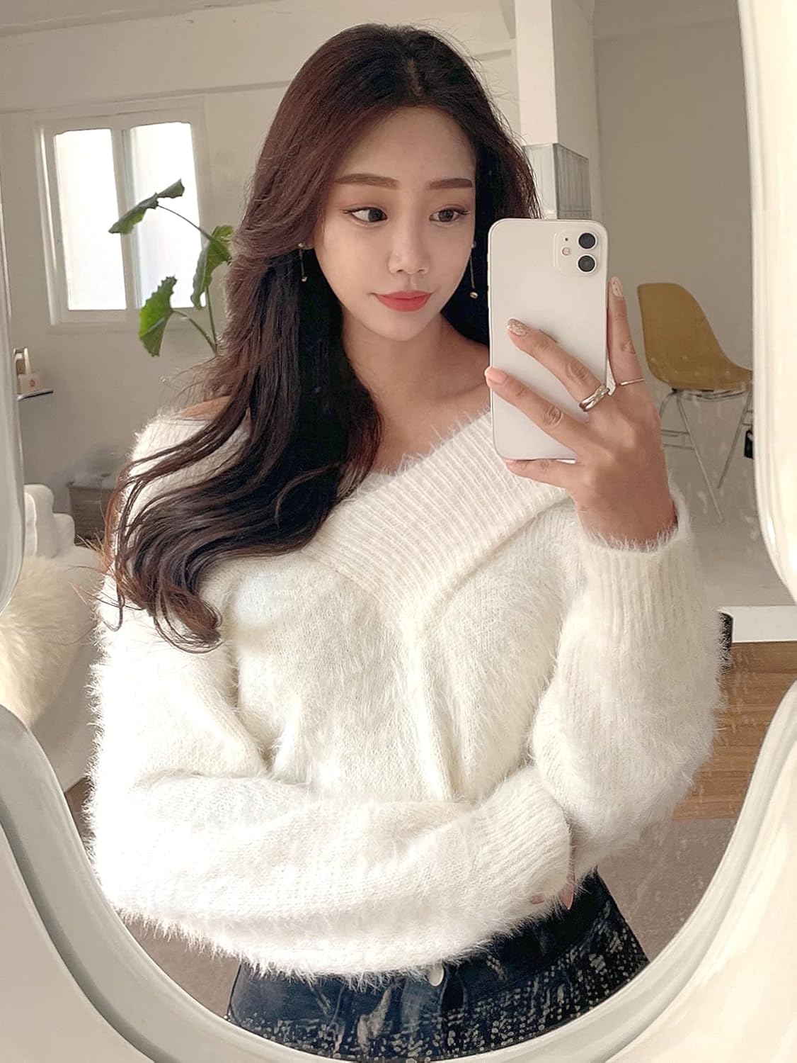 Women's Sweater Off Shoulder Fuzzy Sweater Sweater for Women (Color : Beige, Size : Medium)