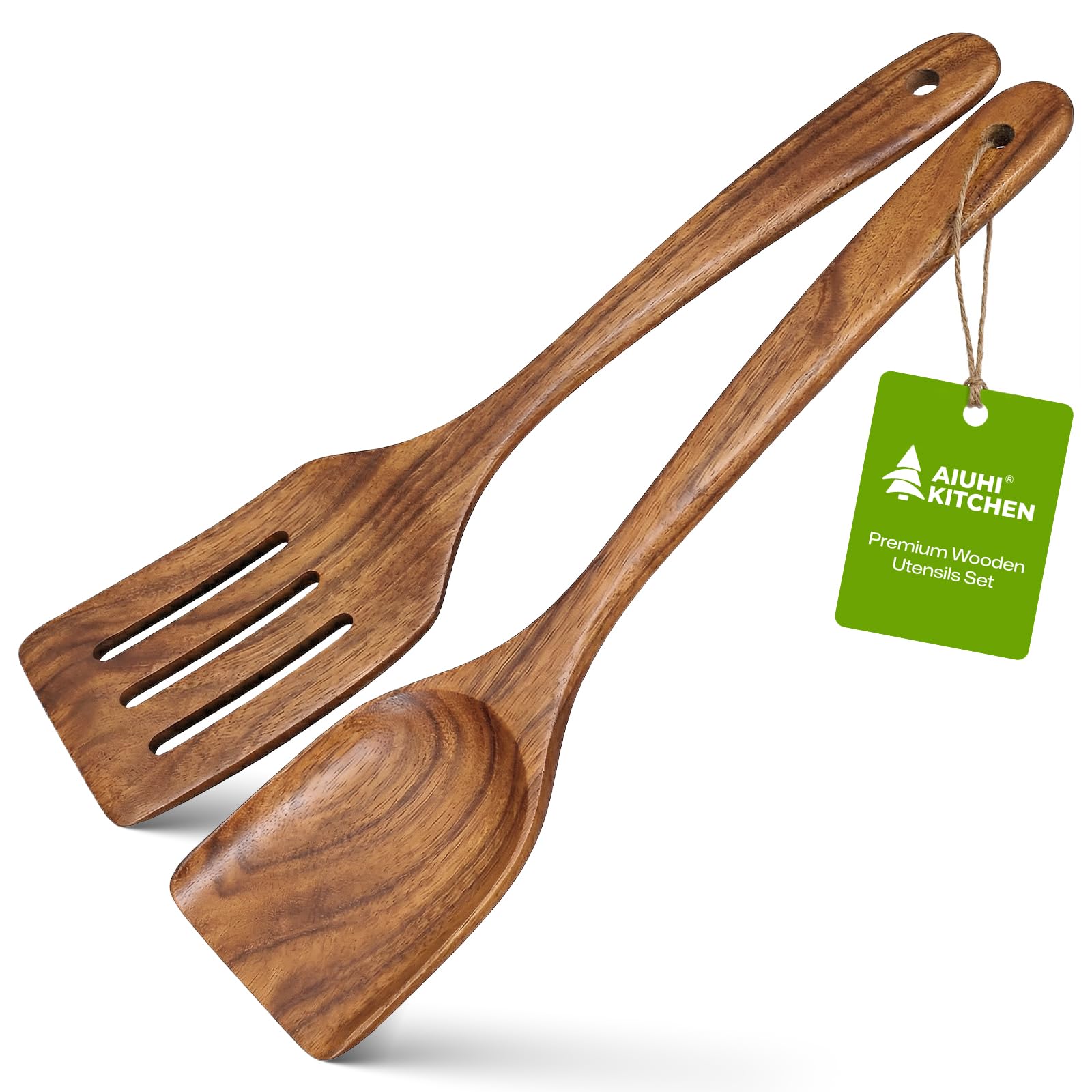 AIUHI 2Pcs Wooden Spatulas, Teak Wood Long Handle Flat Frying Turner, Nonstick Cooking Utensils Spatula for Kitchen
