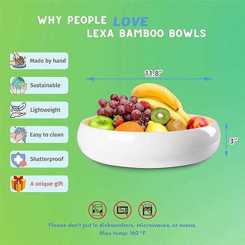 Miniatura 6 de LEXA Frutero de madera de bambú blanco hecho a mano de 12 pulgadas para encimera de cocina, cuencos de madera de bambú grandes y ligeros de 130