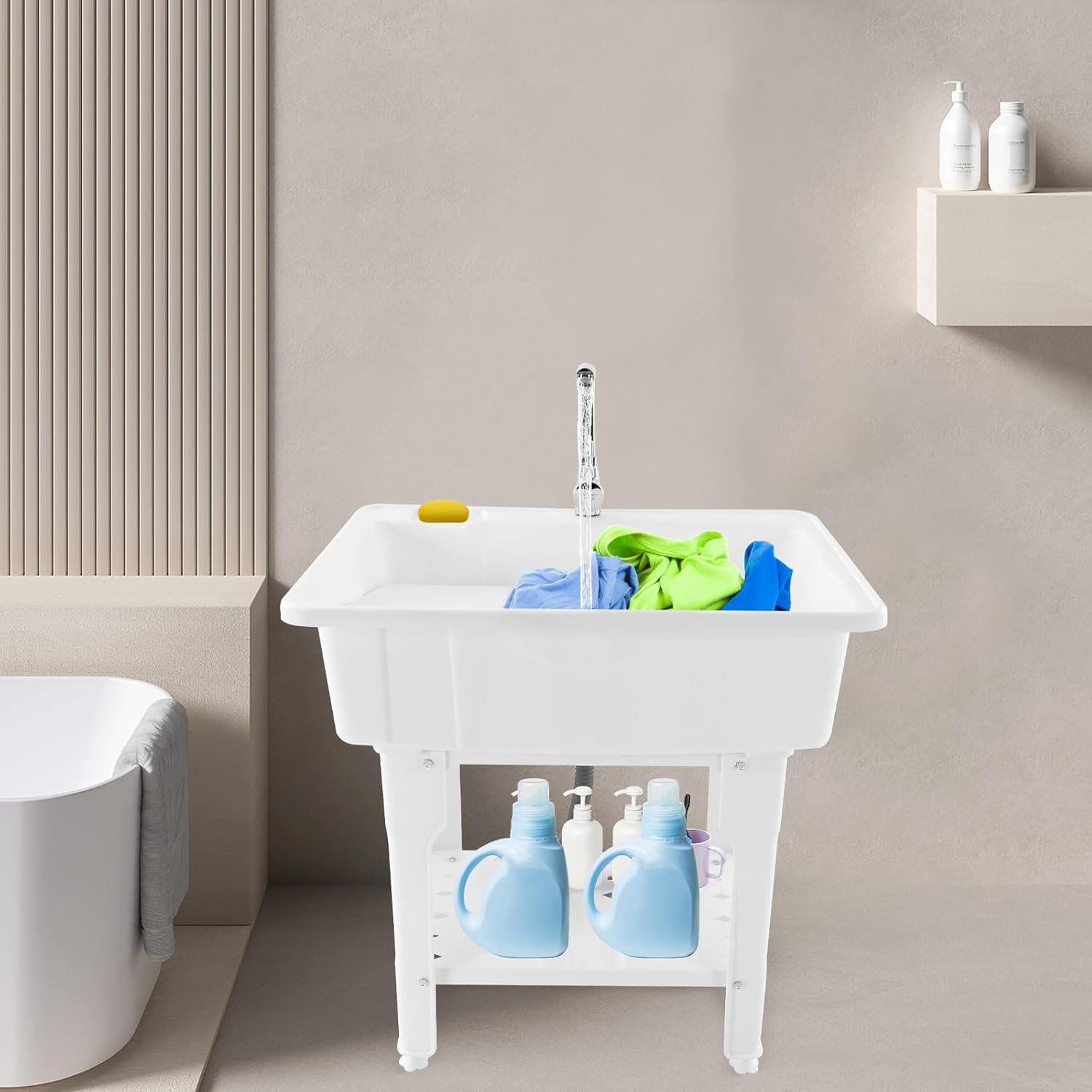 Freestanding Plastic Laundry Sink with Washboard, Indoor and Outdoor Basement Wash Tub, Freestanding Plastic Laundry Sink with Washboard for Laundry Room, Garage, Garden (White)