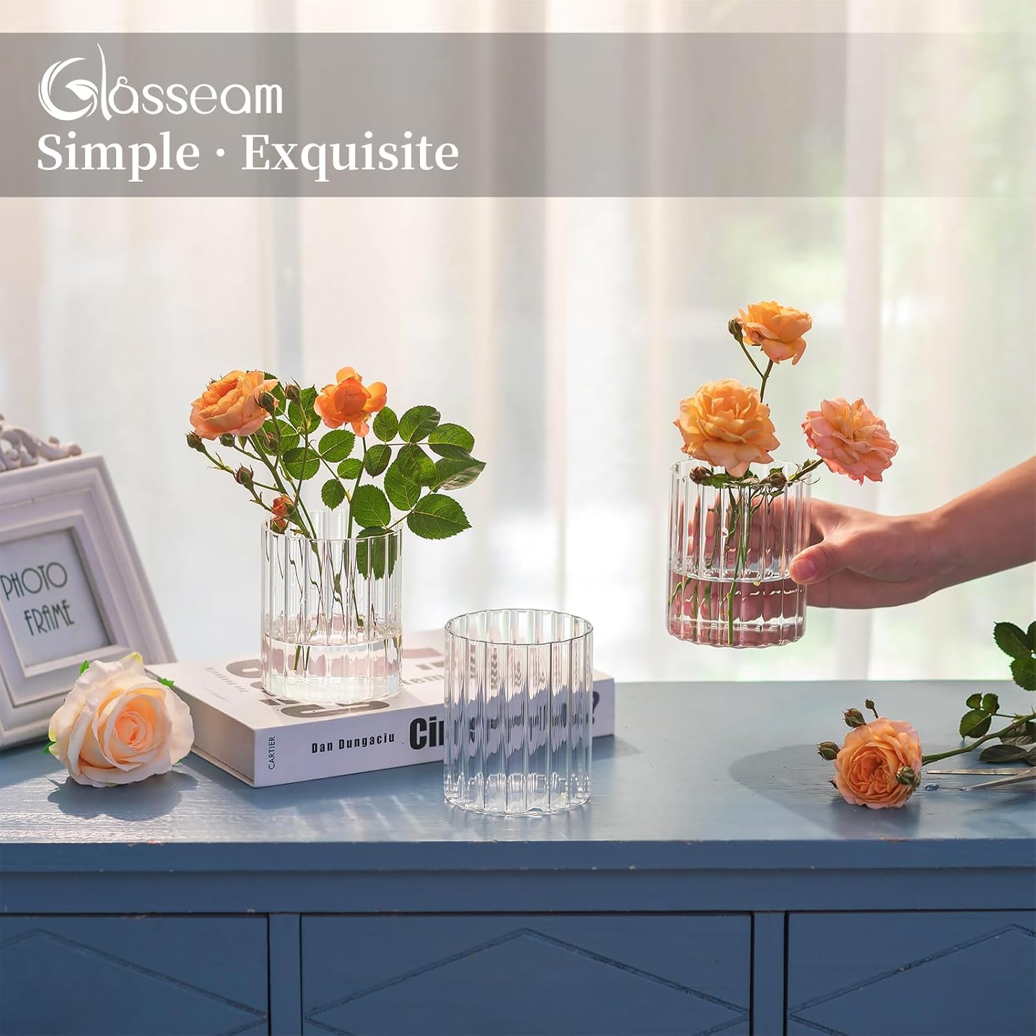 Glasseam Glass Cylinder Vases for Centerpieces: Clear Ribbed Flower Vases for Pillar Candle - 6Pcs Modern Hurricane Floating Candle Holder for Table Wedding Centerpieces Living Room Decorations