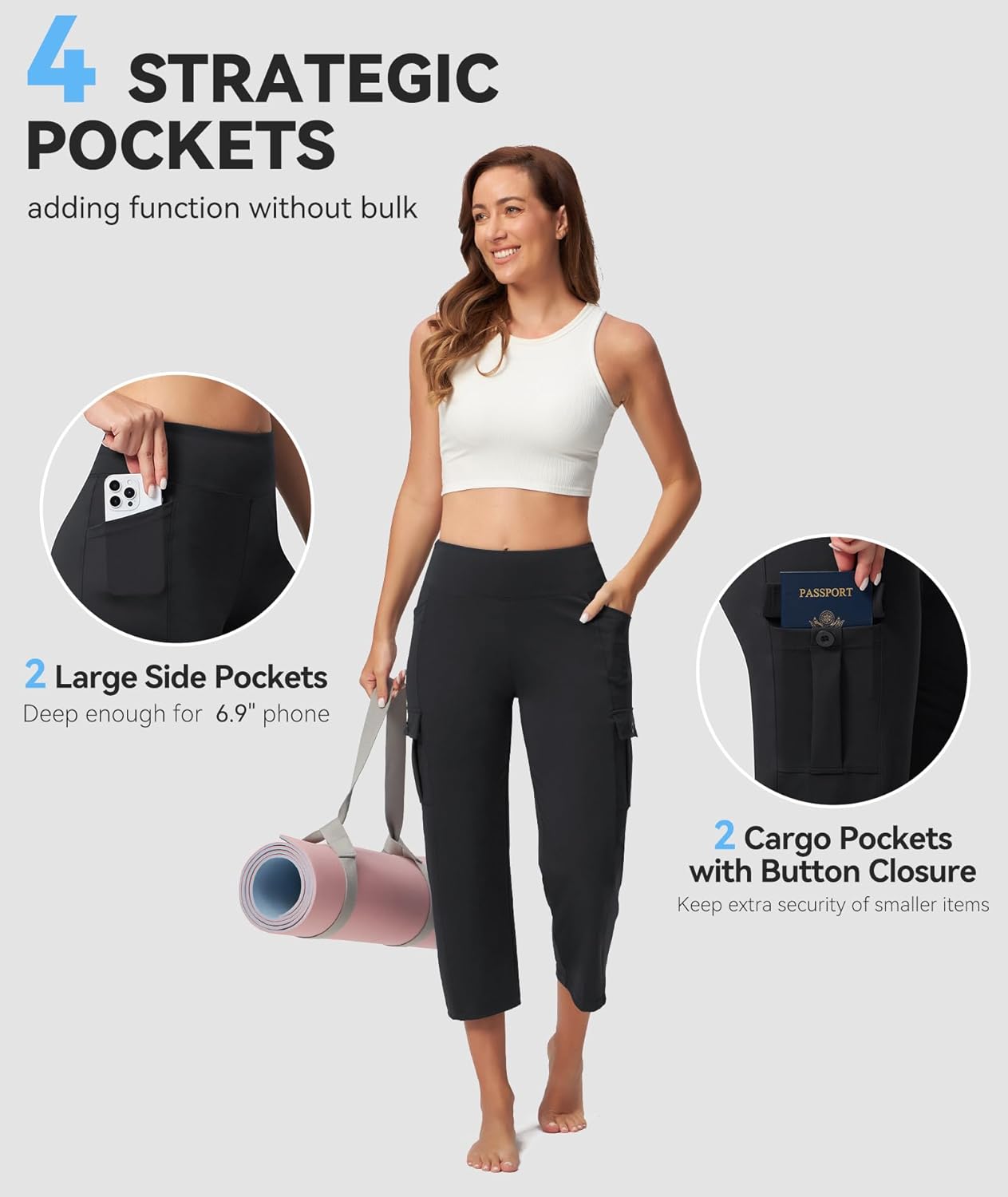 Casei Women's 21" Yoga Capris High Waisted with Pockets Cargo Capri Pants Straight Leg Casual Workout Travel Cropped Pants - Image 4