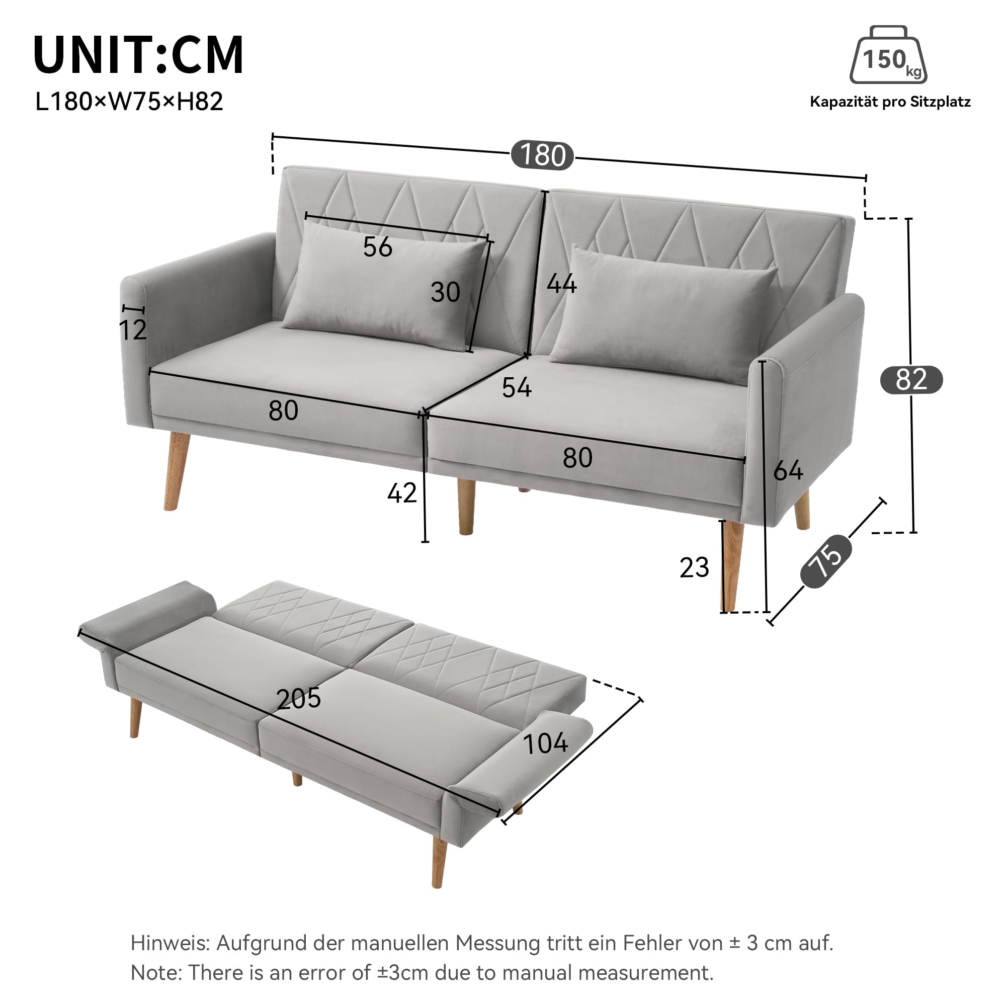 Schlafcouch, Couch 180cm mit Schlaffunktion, Klappsofa mit Hilfsfüßen und 3-Fach Verstellbare Rückenlehneaus Bettcouch mit 2 Kissen fürs Wohnzimmer, Schlafzimmer, Samt,(Grau)
