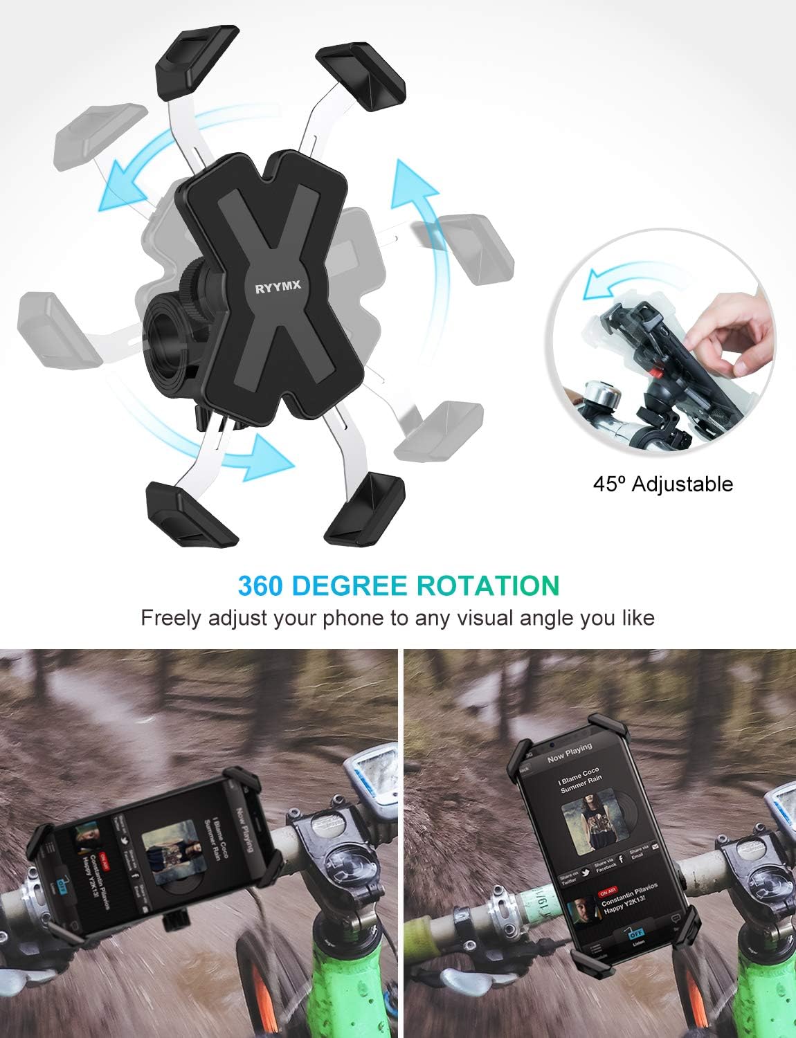 Bike Phone Mount - RYYMX Bicycle Phone Holder : 360° Rotation Adjustable Motorcycle Phone Mount for iPhone Xs Max XR X 8 7 6 Plus, Galaxy S10+ S9 S8, Note 10 9 8, GPS, 4-7 inches Android Cell Phones