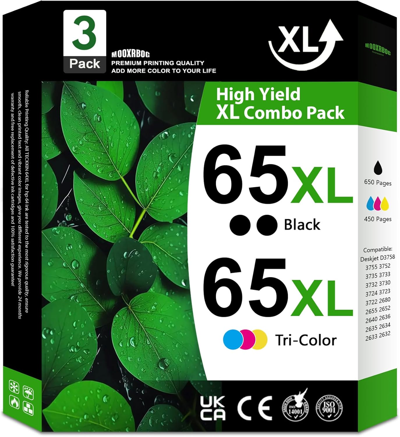65XL Ink Cartridges Black Color Combo Pack Replacement for HP 65 65XL High-Yield Ink with DeskJet 3755 3700 3772 3752 2600 Envy 5055 5000 5052 AMP 100 105 120 Printer (3-Pack 2Black/1Tri-color)