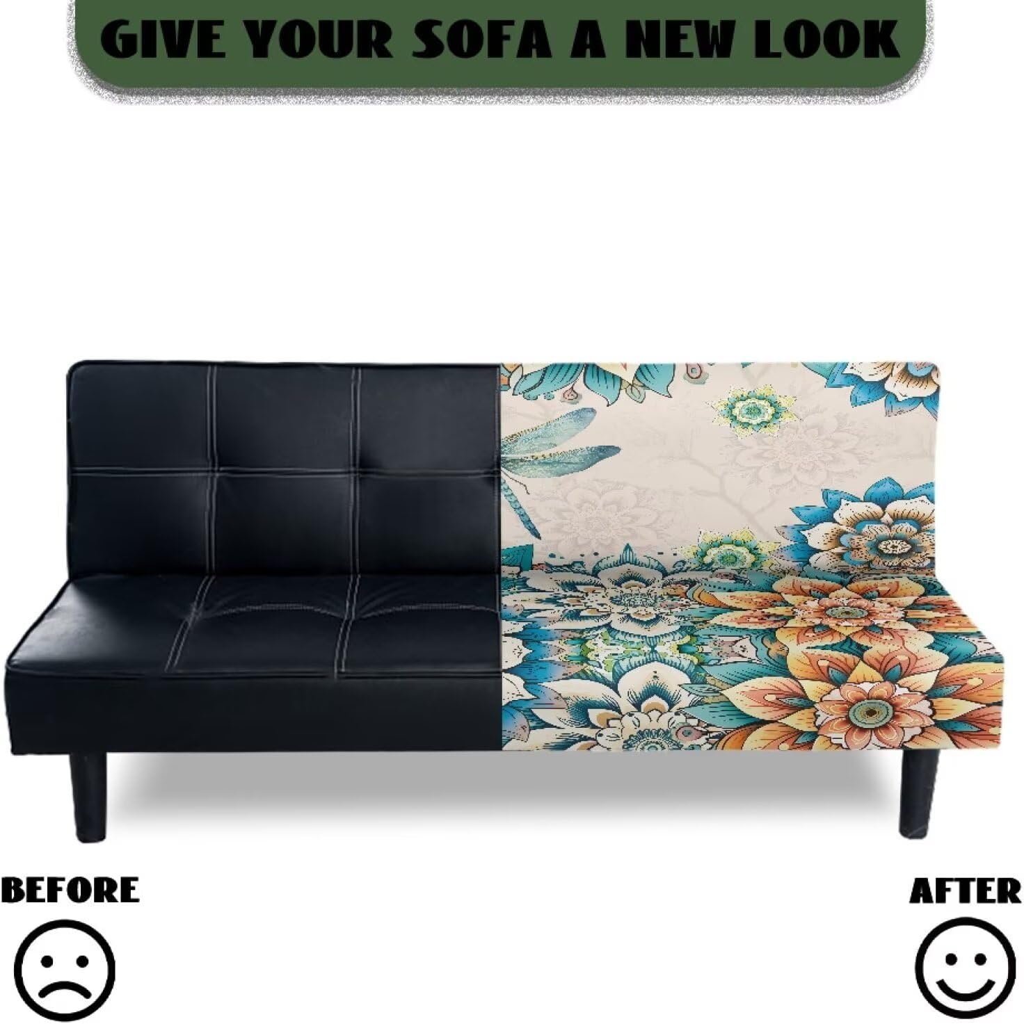 Suobstales Boho Mandala Dragonfly Print Futon Cover High Stretch Armless Sofa Covers Foldable Sofa Bed Covers Jacquard Futon Slipcover Waterproof Furniture Protector for Kids, Pets