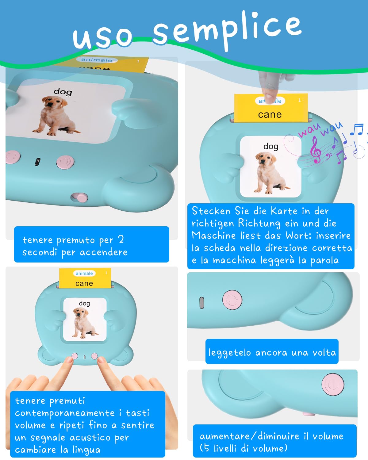 Winnrok Carte Parlanti Montessori Bilingue, Flashcards Bambini Italiano, Amico Vocabolo Gioco, Giochi Montessori Bambini 2 Anni, Imparare Parlare Numero Animali, Autismo e Logopedia Blu