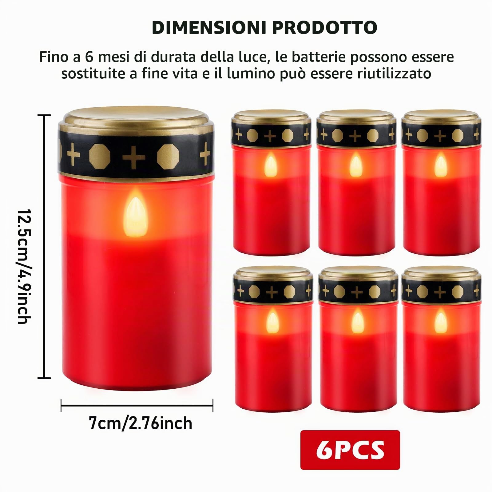 6 Pezzi Lumini LED per Cimitero, Elettrici e Impermeabili, a Batteria (Pile Non Incluse)