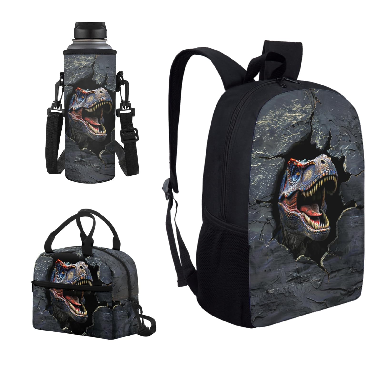 Glomenade Cool Dinosaur Print Backpack for Boys Large Capacity School Bags Full Set of 3, 17 Inch Bookbags with Matching Lunchbox Container Water