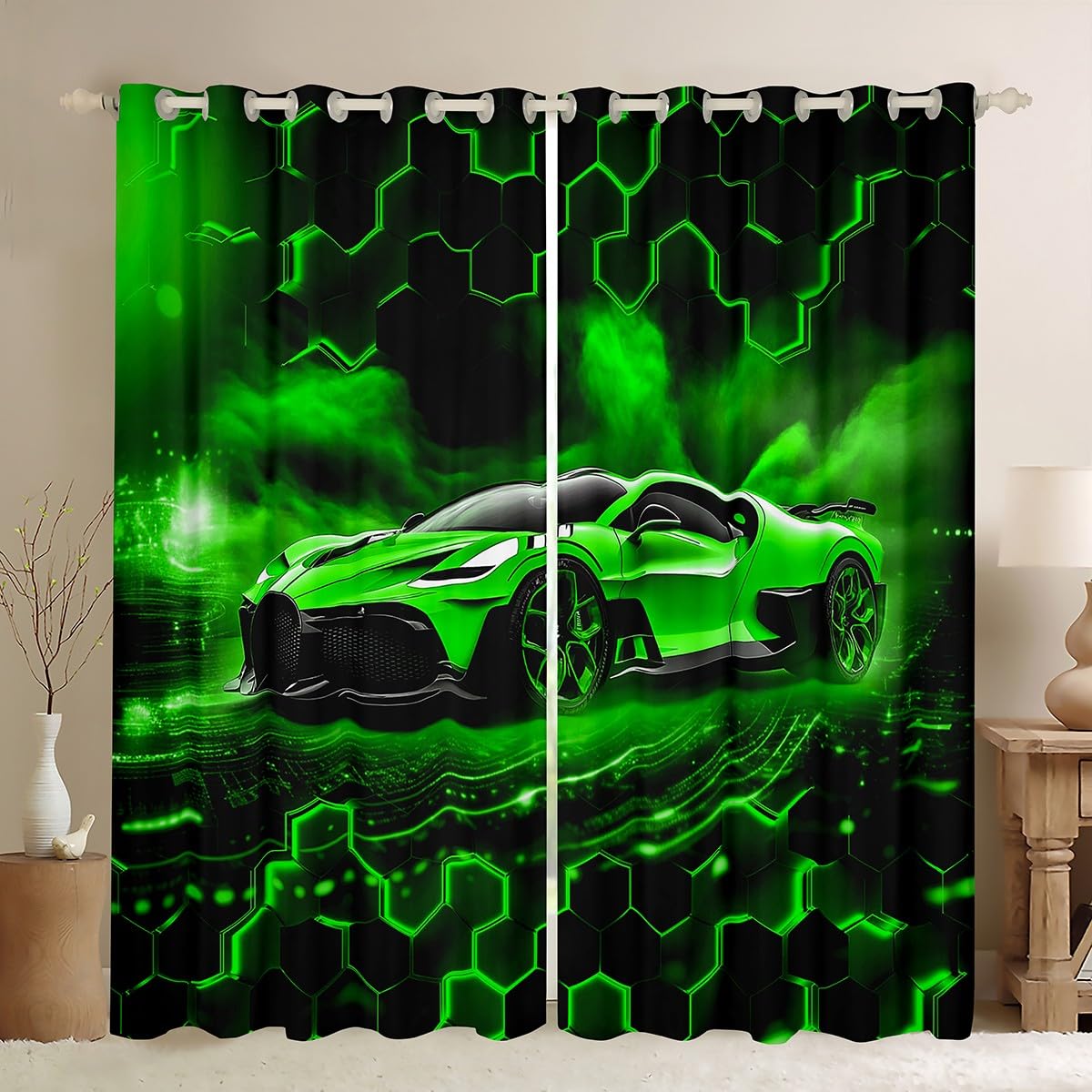 Homemissing Boys Green Race Car Curtains(2 Panels,W52*L90) For Kids Boys Teens Racing Car Glitter Honeycomb Darkening Blackout Window Curtains Fast and Furious Extreme Sports Window Treatments — image 1