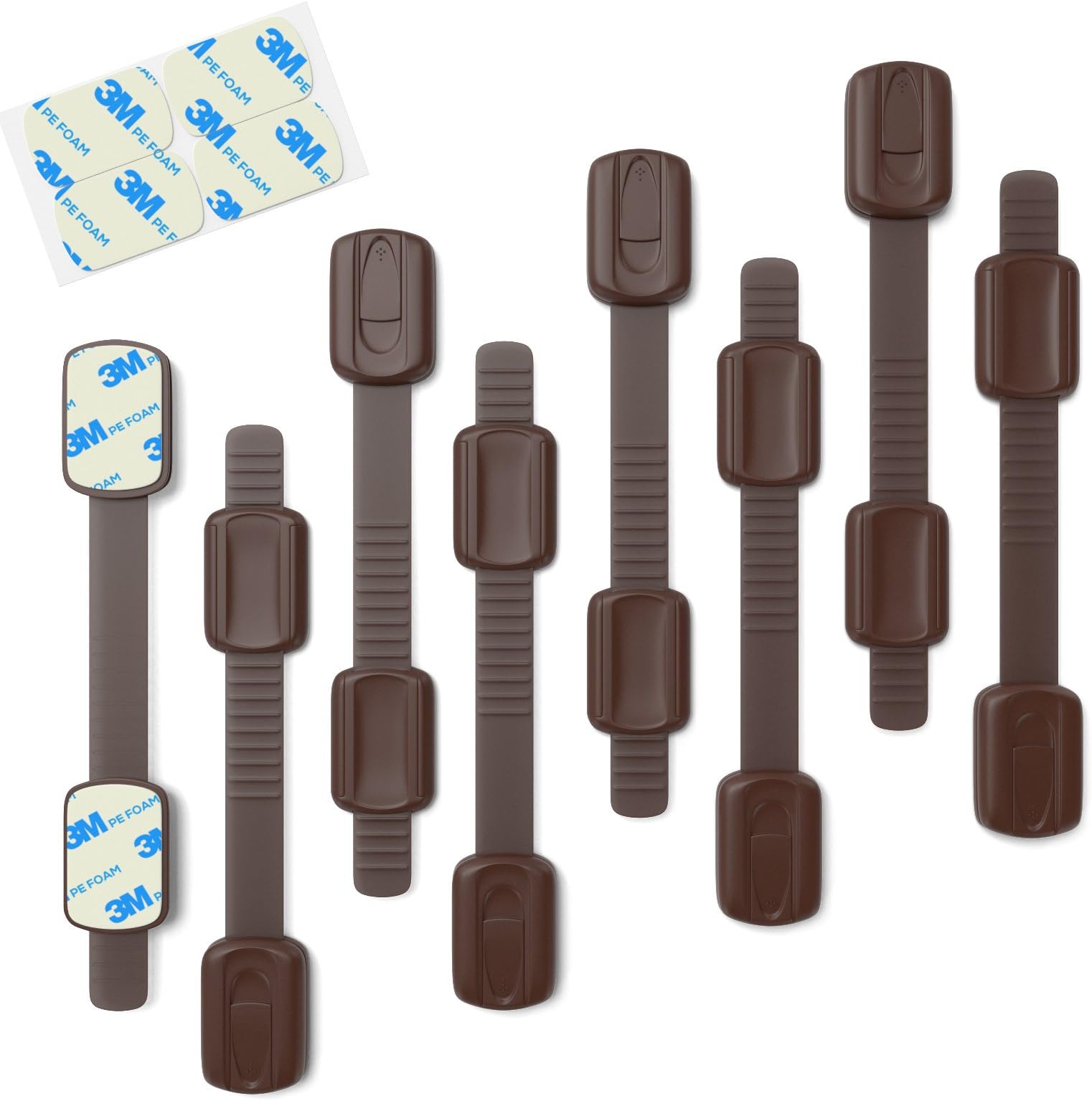 Adjustable Toddler Safety Locks (8 Pack) | by INSAFE | Safely Lock Your Cabinets, Drawers, Fridge, Oven, Toilet, and more | No Drilling-Easy Installation-Authentic 3M Adhesive | 100% Guarantee (Brown)