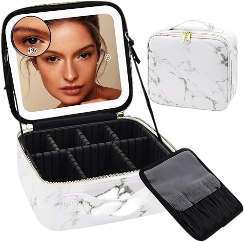 RRtide Bolsa de maquillaje con espejo de luz LED, estuche de viaje para maquillaje, organizador de bolsas de cosméticos con divisores ajustables,