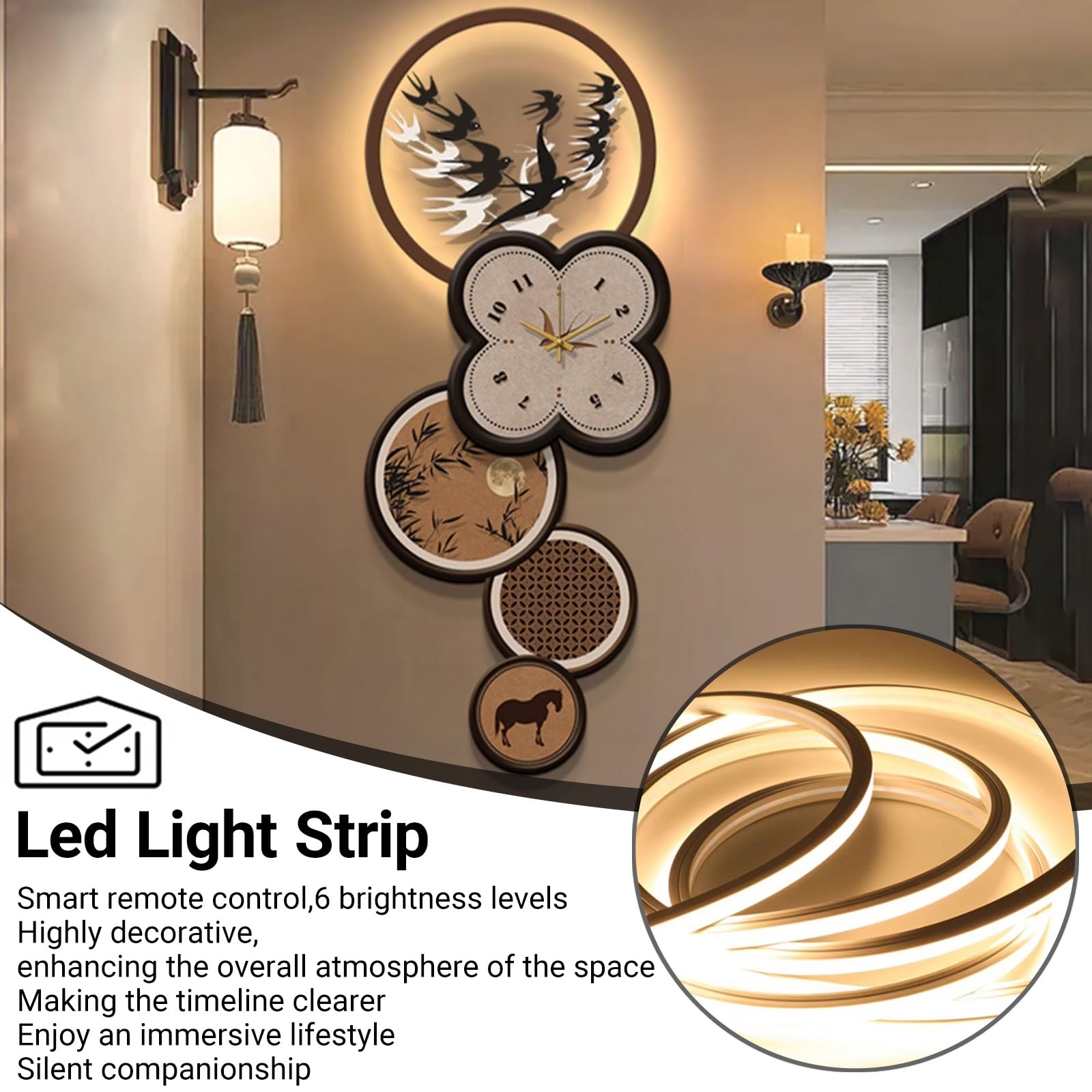 Grande orologio da parete silenzioso con pendolo, orologio decorativo 3D con luci a LED, decorazione artistica da parete in porcellana di cristallo per soggiorno e ingresso, 32 x 80 cm