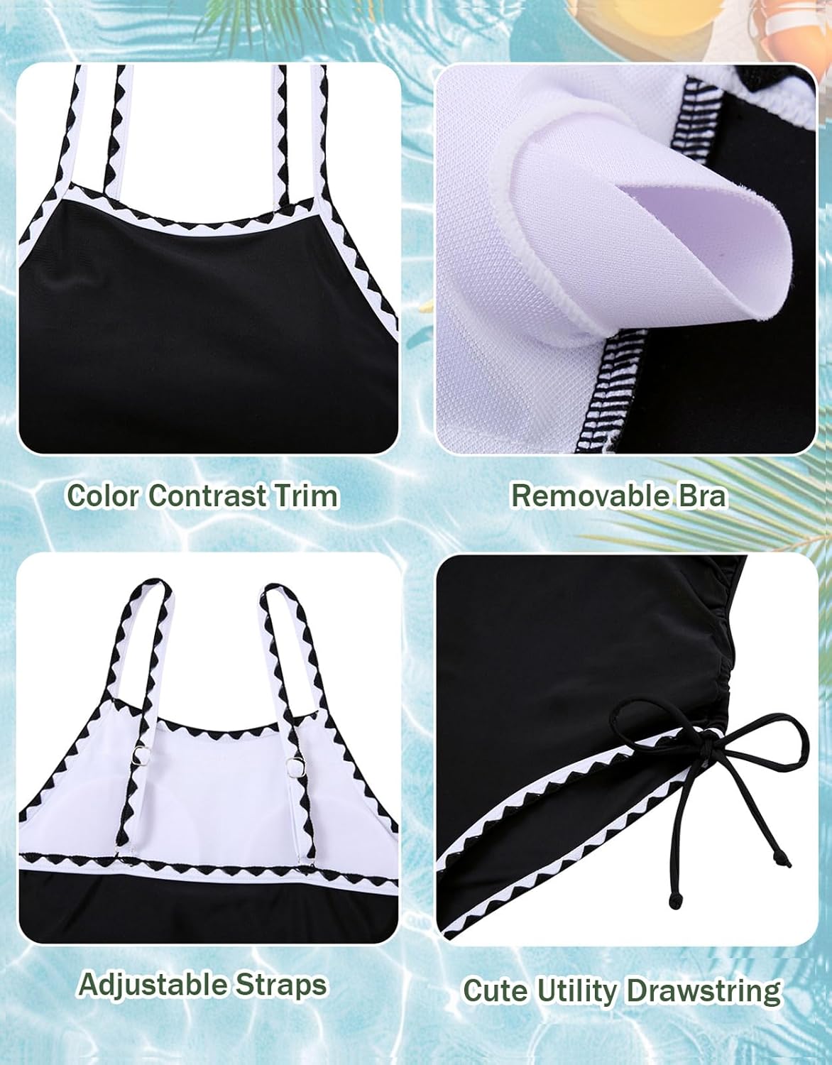 Girls Swimsuit One Piece Bathing Suit Color Contrast Trim Adjustable Strap Drawstring Swimwear for Teens Size 9-16 - Image 6