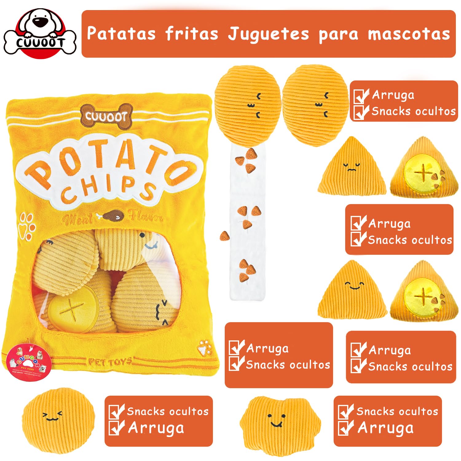Juguetes para Perros Snuffle Toys Crinkly Squeaky Juguetes interactivos de Peluche para Perros pequeños medianos y Grandes - Juguetes de ovnis y Extraterrestres (Potato-chips-01)