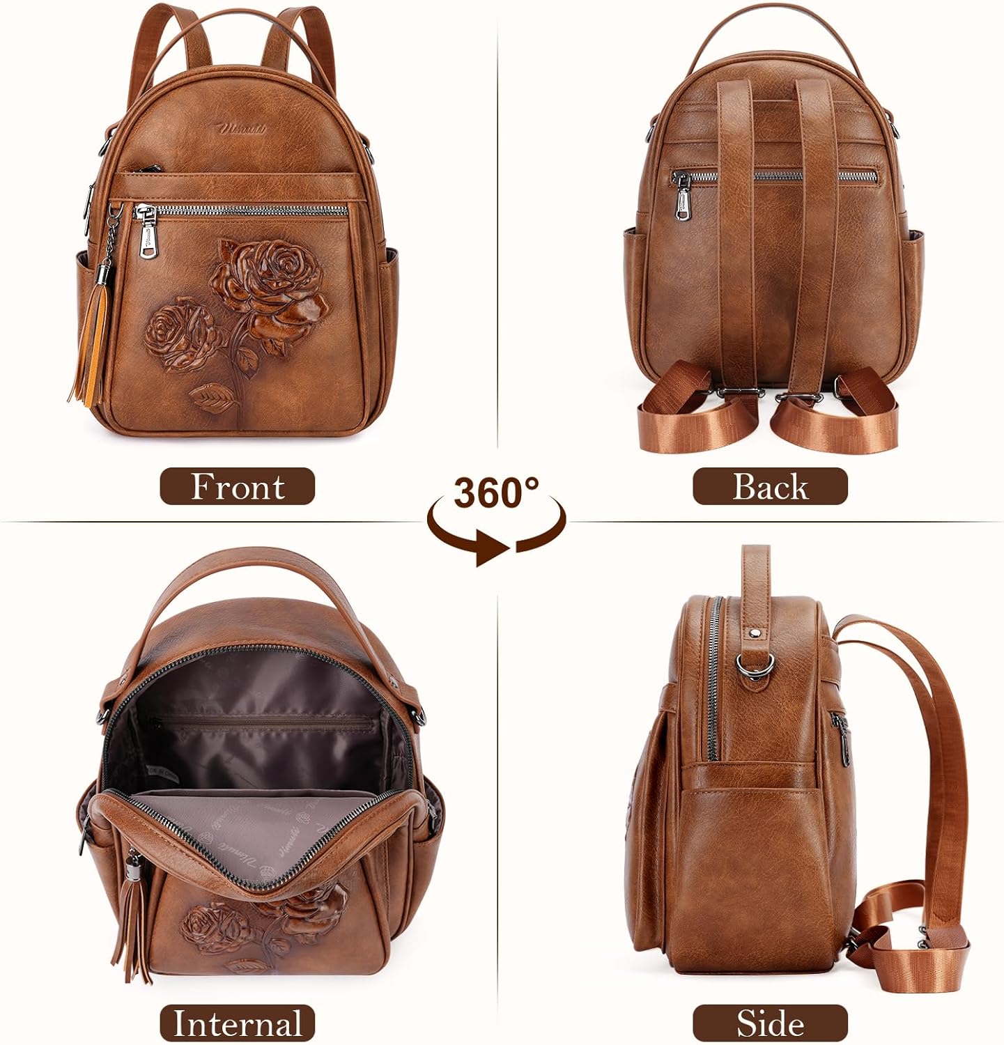 Mini Backpack Purse for Women,Embossed Leather Small Backpack Fashion Travel Backpacks Daypacks Shoulder Handbag (BROWN-Flower) - Image 4