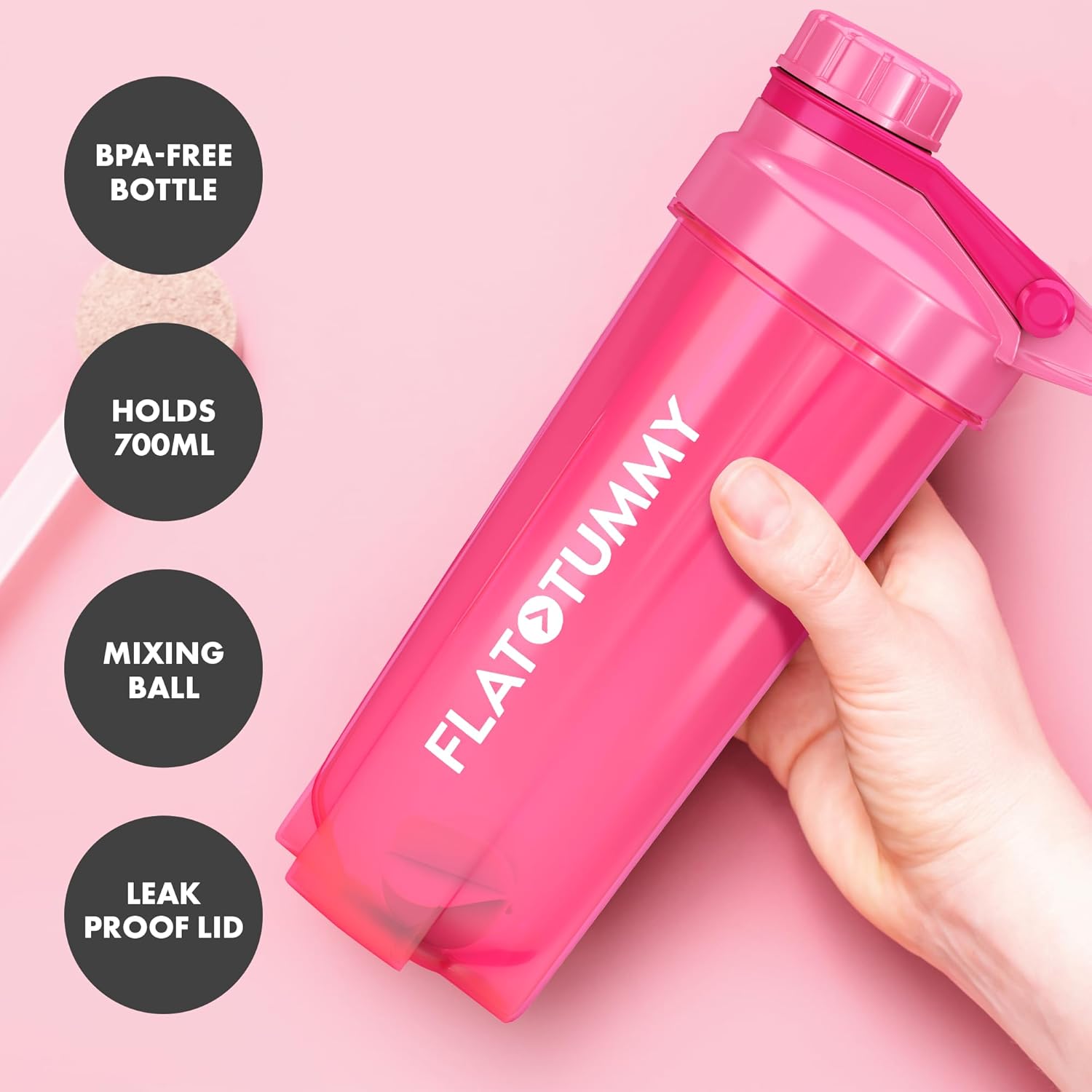 Flat Tummy Protein Shaker Bottle with Powder Storage - Pink Blender Bottle Shaker 20oz - Protein Mixer with Protein Shaker Ball - Cute Shaker Bottle for Women - Preworkout Bottle